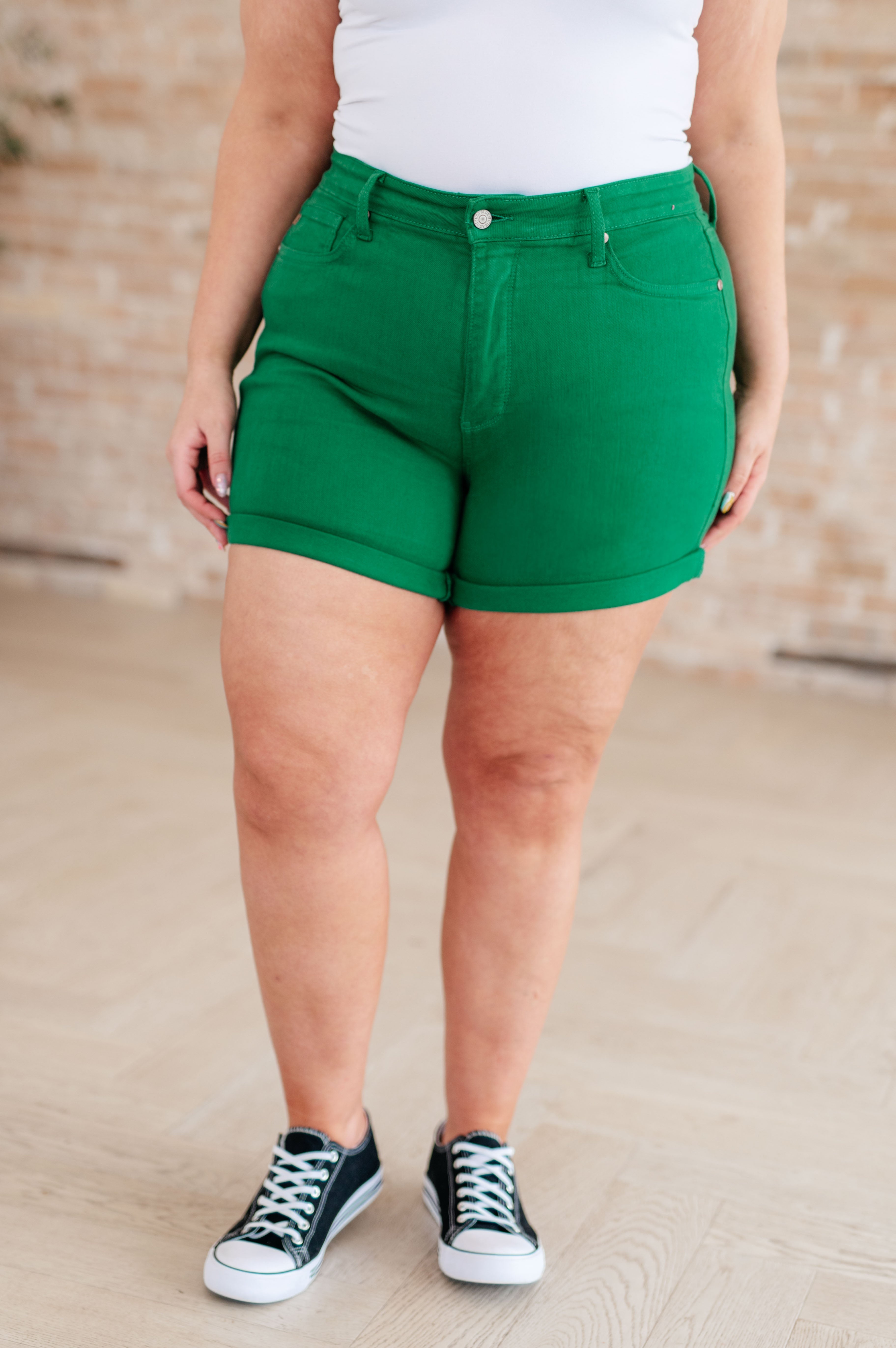 Judy Blue Green Jenna High Rise Control Top Cuffed Shorts for Women - Comfortable Stretch Denim Shorts for Summer, Casual Wear & Everyday Outfits