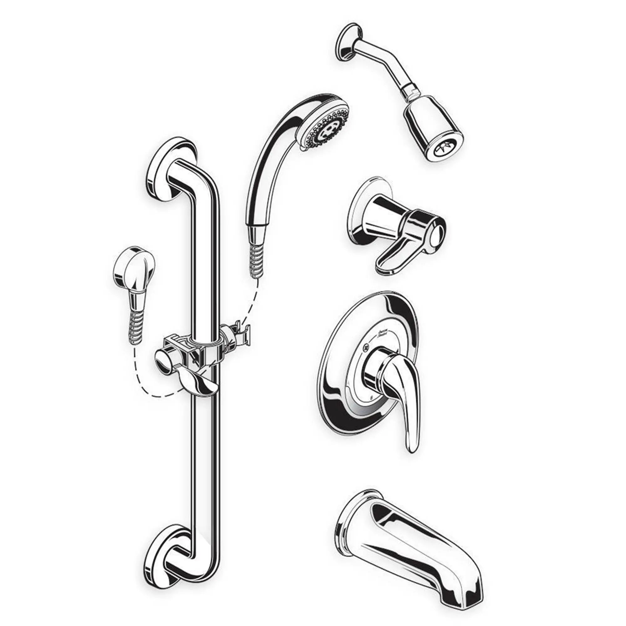 1.5 GPM Commercial Shower System - 36 Inch 3-Function Hand Shower Kit with Slide Grab Bar, FloWise Showerhead & Diverter Tub Spout for ADA Bathroom & Senior Safety