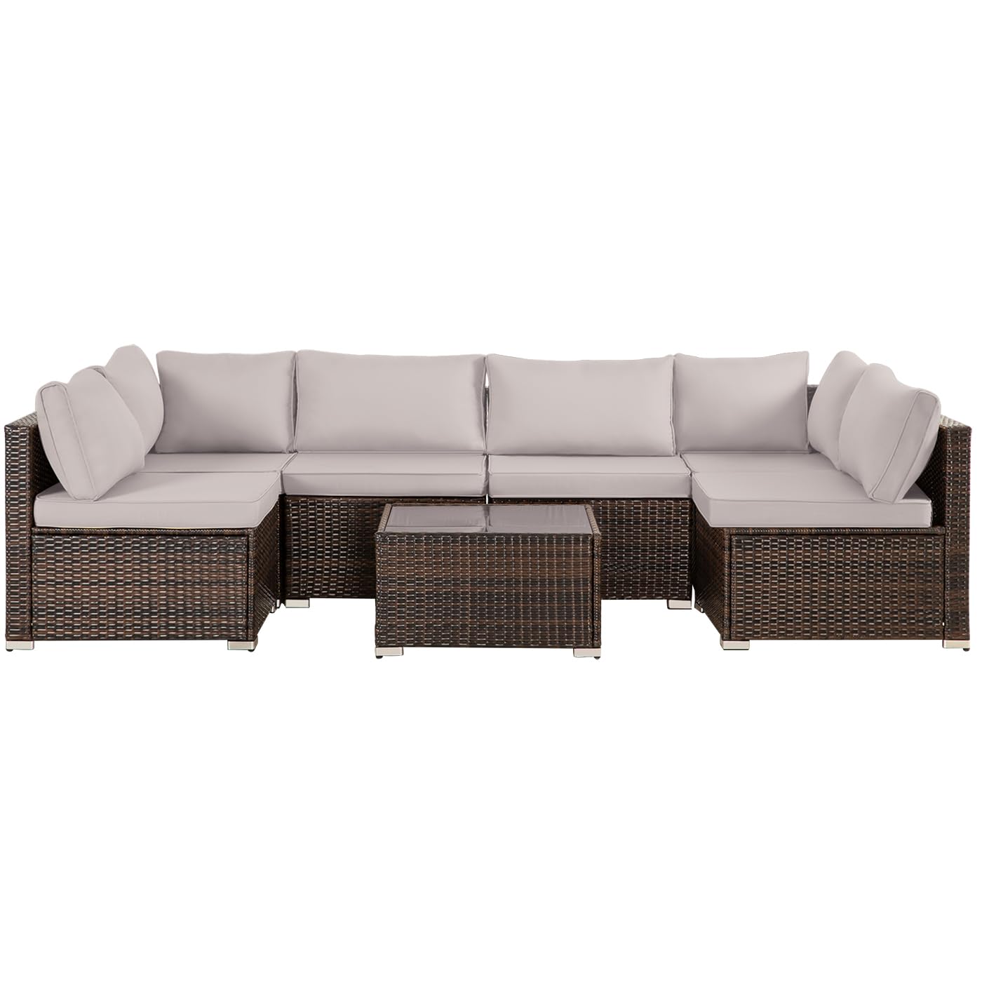 7-Piece All-Weather Wicker Patio Furniture Set with Padded Cushions - Outdoor Sectional Sofa Conversation Set for Poolside, Balcony, Backyard (Brown Wicker/Grey Cushion) - Perfect for Relaxing, Entertaining & Outdoor Dining