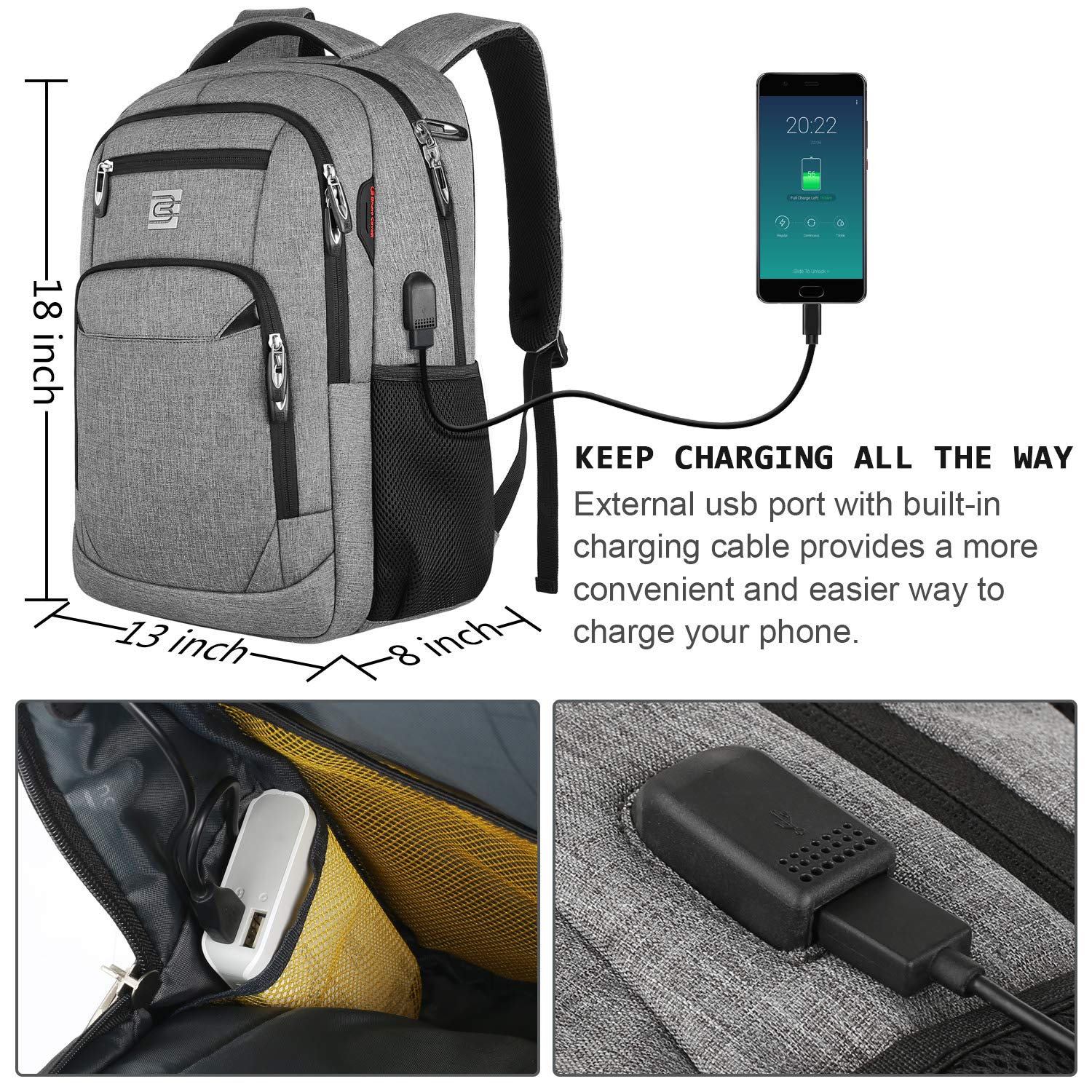 Laptop Backpack for Business Travel - Anti-Theft Slim Durable USB Charging Port Water Resistant College Computer Bag for Women & Men Fits 15.6 Inch Laptop & Notebook - Grey - Ideal for Commuting, Work & School