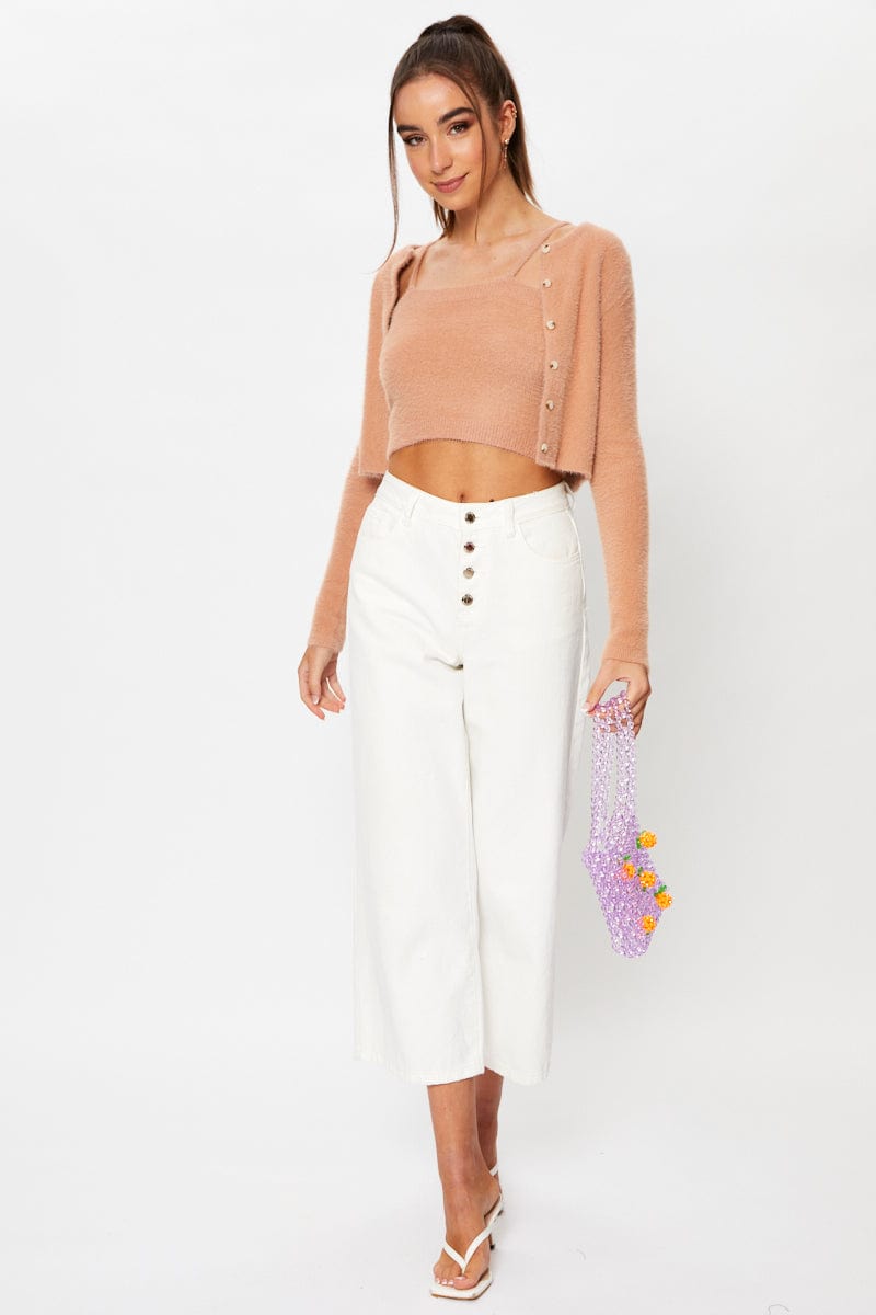 Beige Fluffy Yarn Square Neck Knit Cami Top for Women - Soft Stretchy Summer T-Shirt - Casual Outfit for Beach, Date Night & Everyday Wear