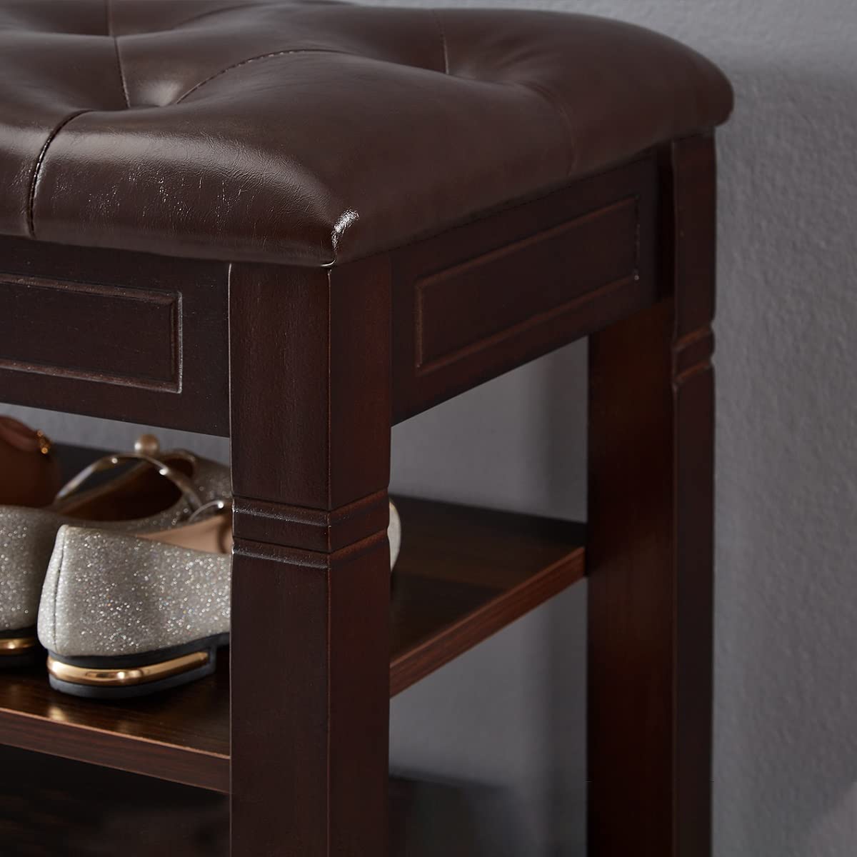 2-Tier Shoe Storage Bench with Lift Top & Fiberleather Seat - Wooden Entryway Shoe Rack Organizer for Hallway, Living Room (Dark Brown, 39.4