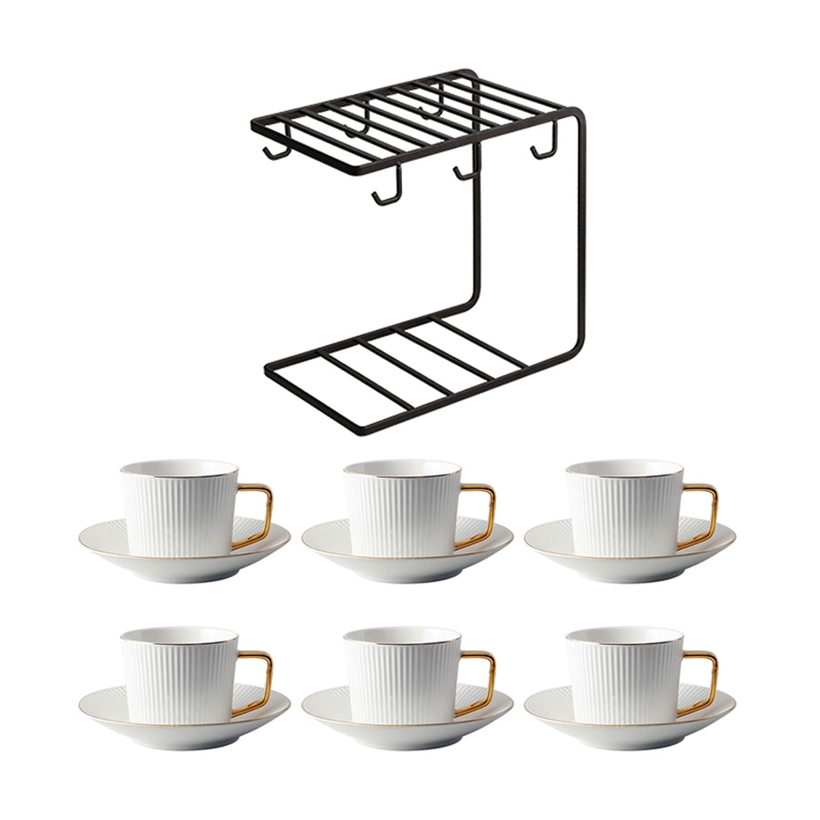 Premium 5.7 Oz Espresso Cups Set of 6 - Black Coffee Mugs with Saucers & Holder for Cappuccino, Latte, Tea - Perfect for Home, Office, and Tea Party Gifts
