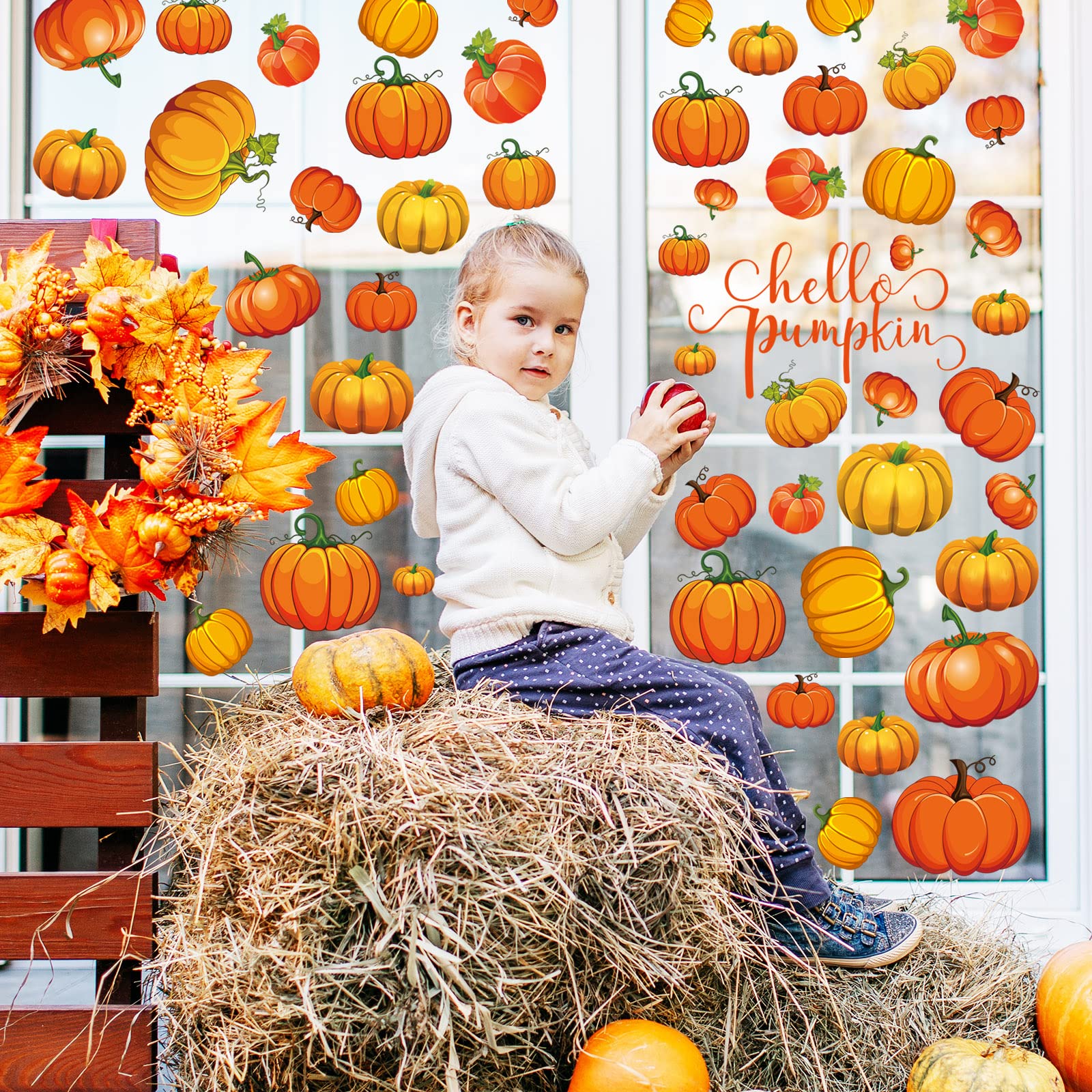 Whaline 9-Sheet Double-Sided Pumpkin Window Clings | Fall Autumn Thanksgiving Window Decals | Harvest Home Decor & Seasonal Gifts | Perfect for Halloween, Thanksgiving Decor & Classroom Activities