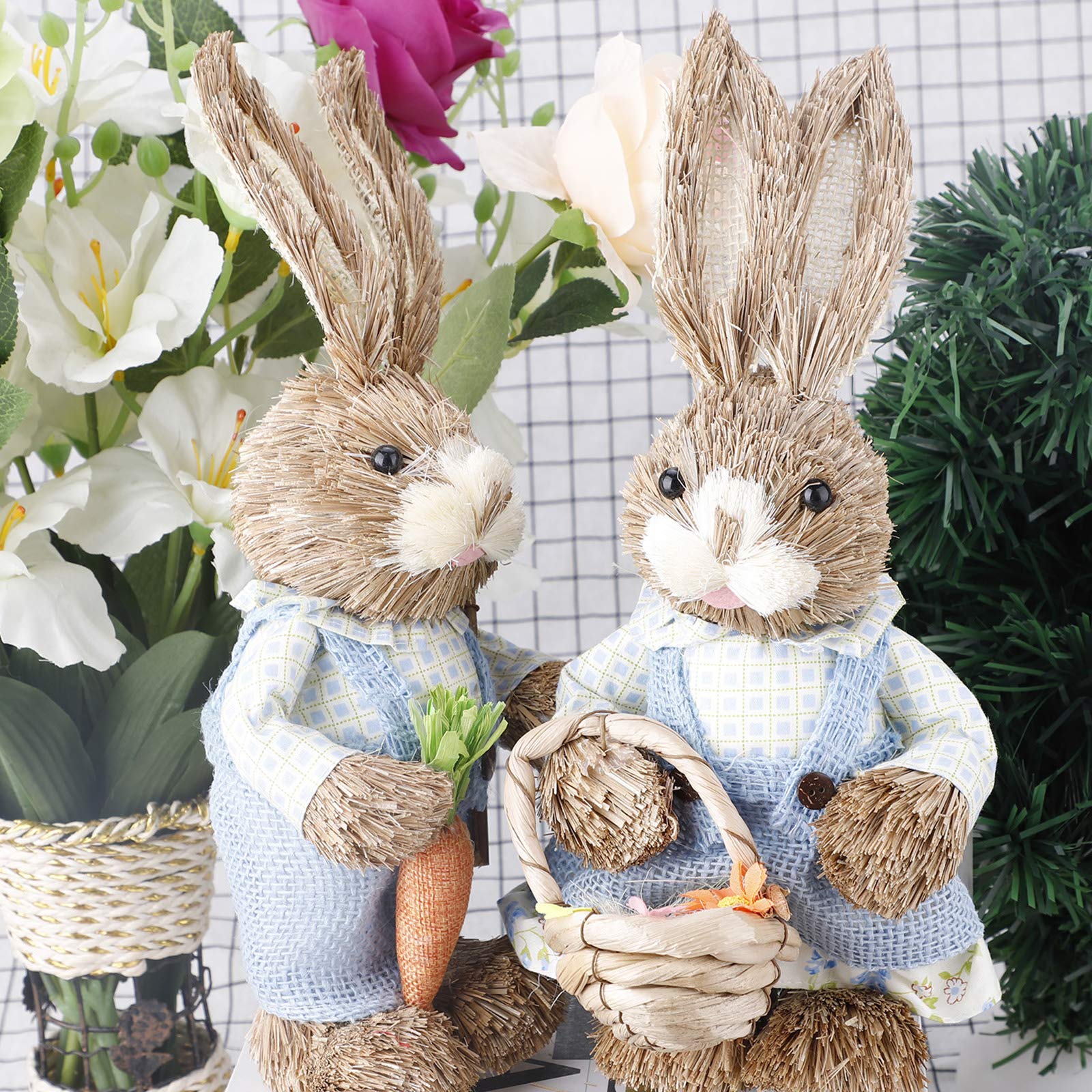 Easter Bunny Figurines Set of 2 - Handwoven Straw Rabbit Decor with Carrot & Basket - 13.39