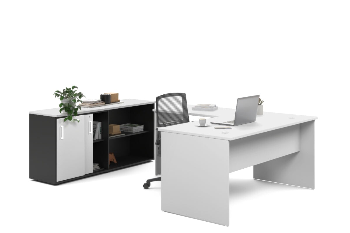 L-Shaped Executive Desk with Uniform Panel - Black Carcass [1400L x 1600W] - Perfect for Home Office & Corporate Workspaces