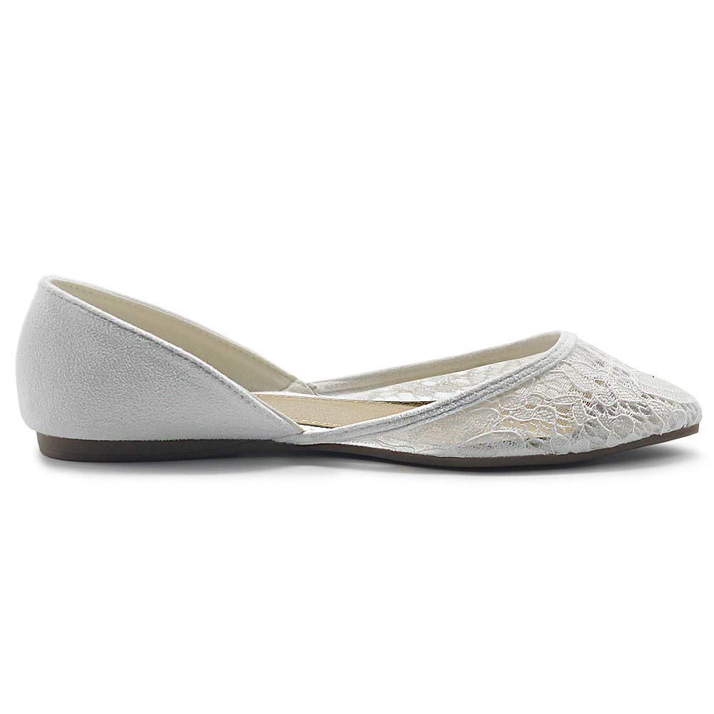 Ollio Women's Ballet Flats - Faux Suede Floral Lace Pointed Toe Shoes | Breathable Mesh Design for Comfort | Perfect for Work, Weddings & Casual Outfits