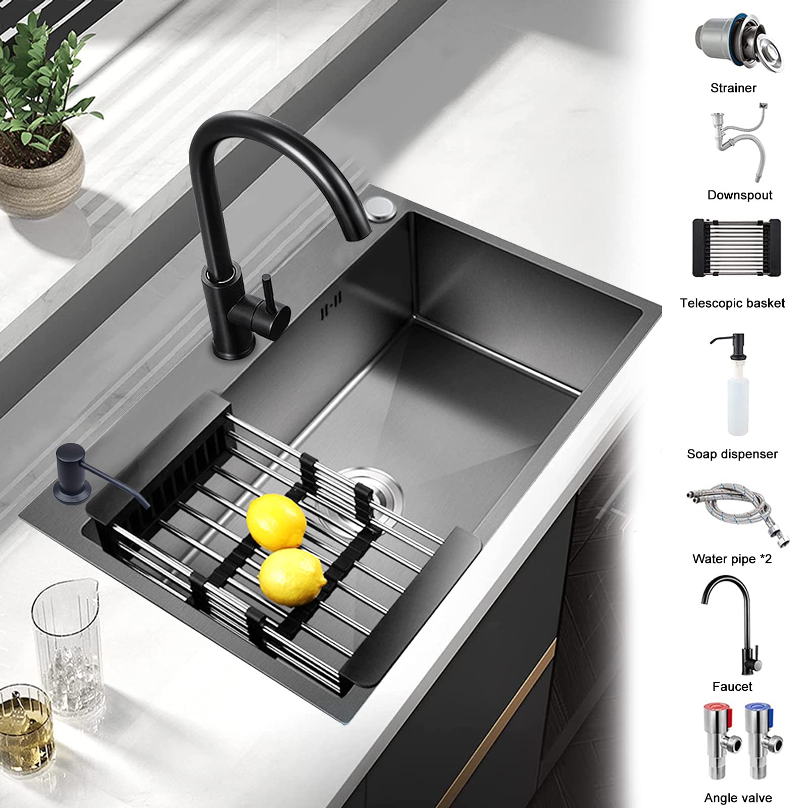 Undermount Single Bowl Kitchen Sink with Faucet - 304 Stainless Steel Large Capacity Sink, Black Nano Coating, Thick & Durable - Perfect for Home Kitchen Renovation & Daily Cooking