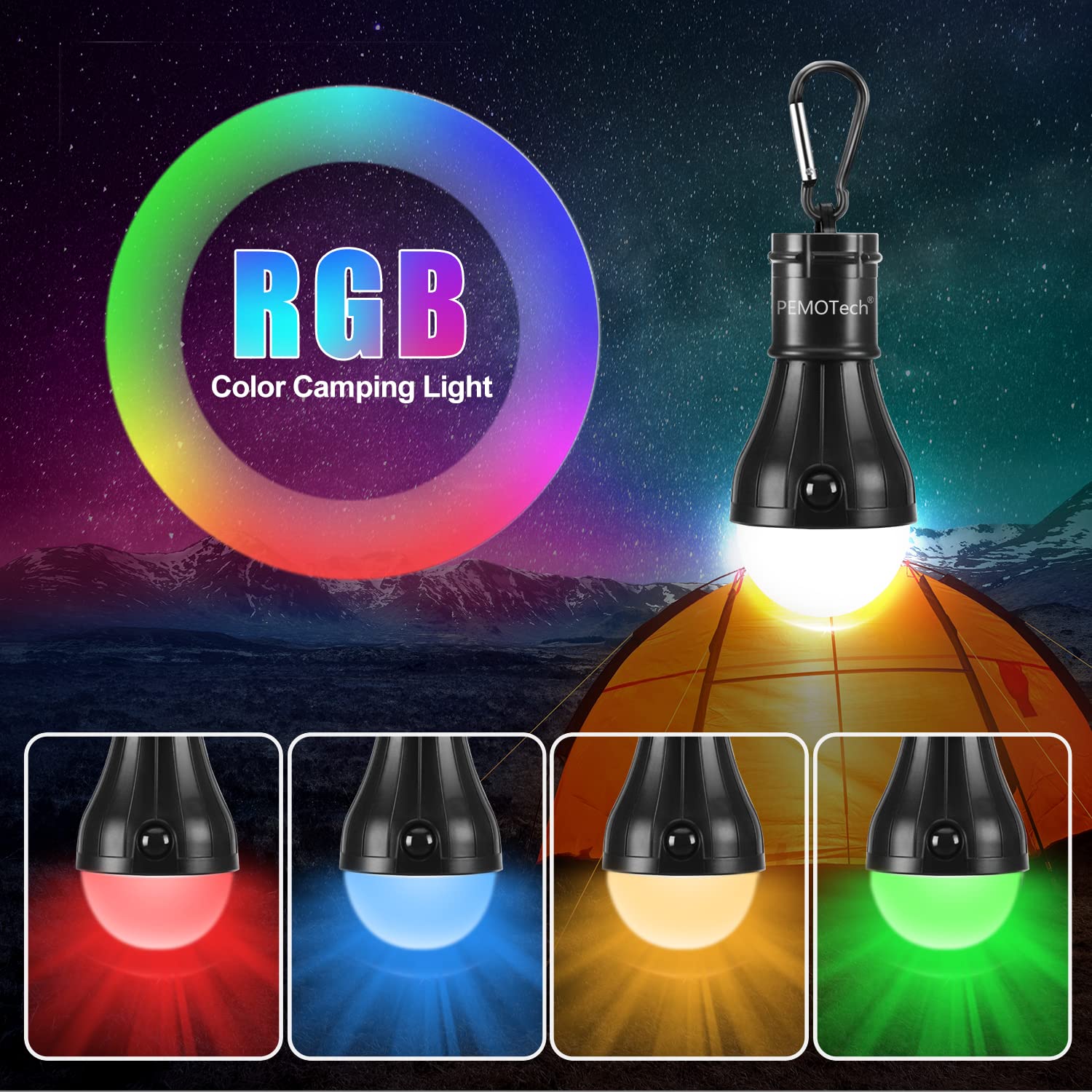 PEMOTech 3 Pack RGB Camping Lights - 7 Color Changing LED Lanterns for Tents, Hiking & Emergency Use