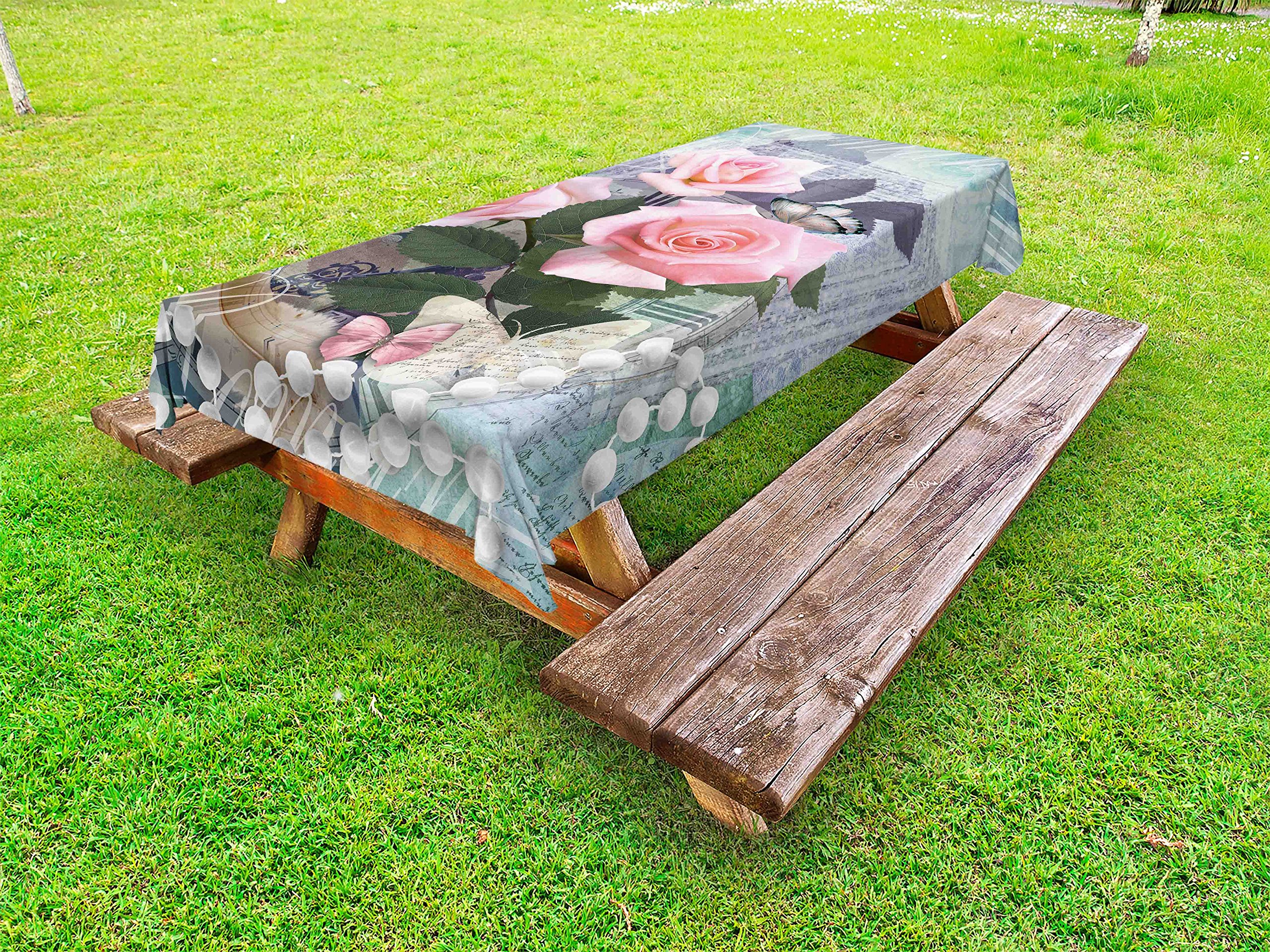 Ambesonne Pearls Outdoor Tablecloth - Classic Rose & Pearls Romantic Design, Washable Picnic Table Cover 58x120 Inches, Pink & Grey - Perfect for Garden Parties, Weddings & Outdoor Dining Decor