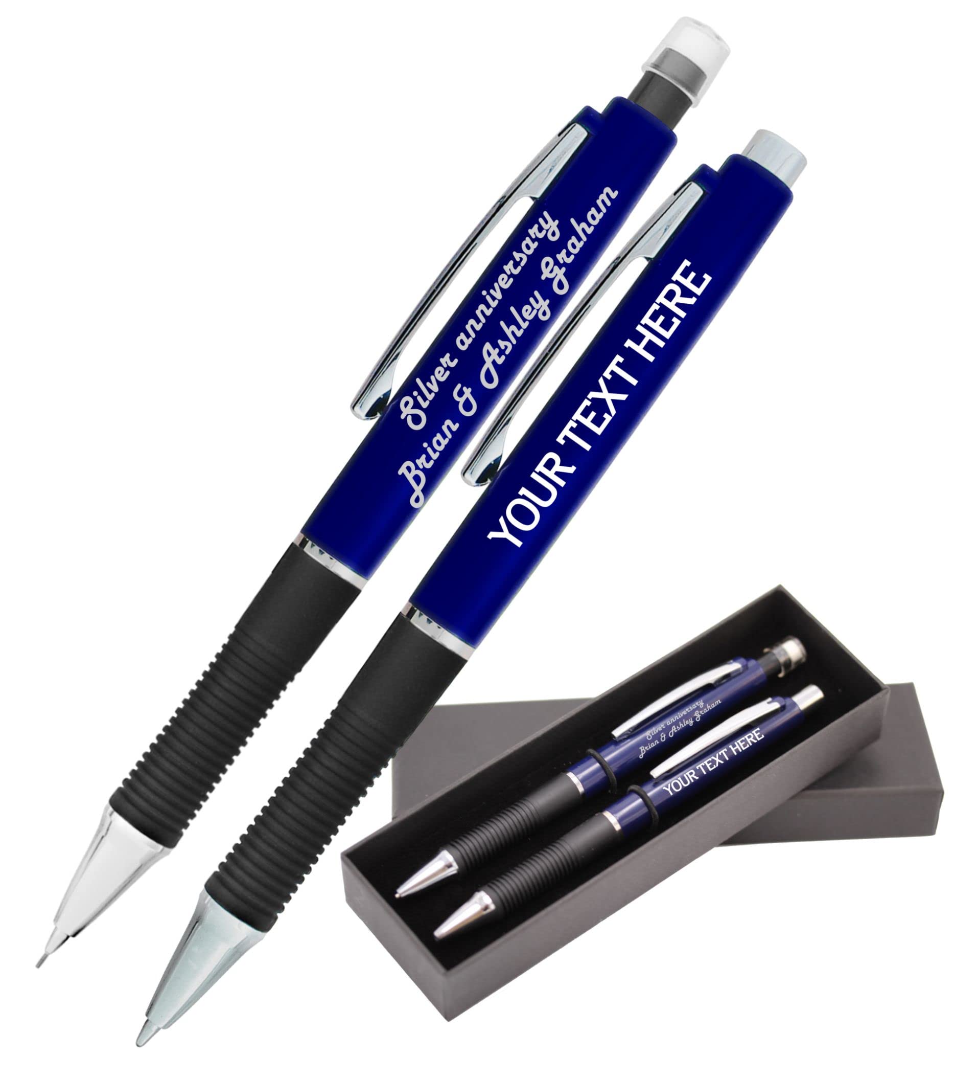 24-Pack Personalized Elegant Pen & Pencil Set in Gift Box - Custom Holiday Ballpoint Pen with Rubber Grip & Deluxe Mechanical Pencils - Engraved with Name/Text - Perfect for Office, School, Corporate Gifts & Special Occasions (Blue)