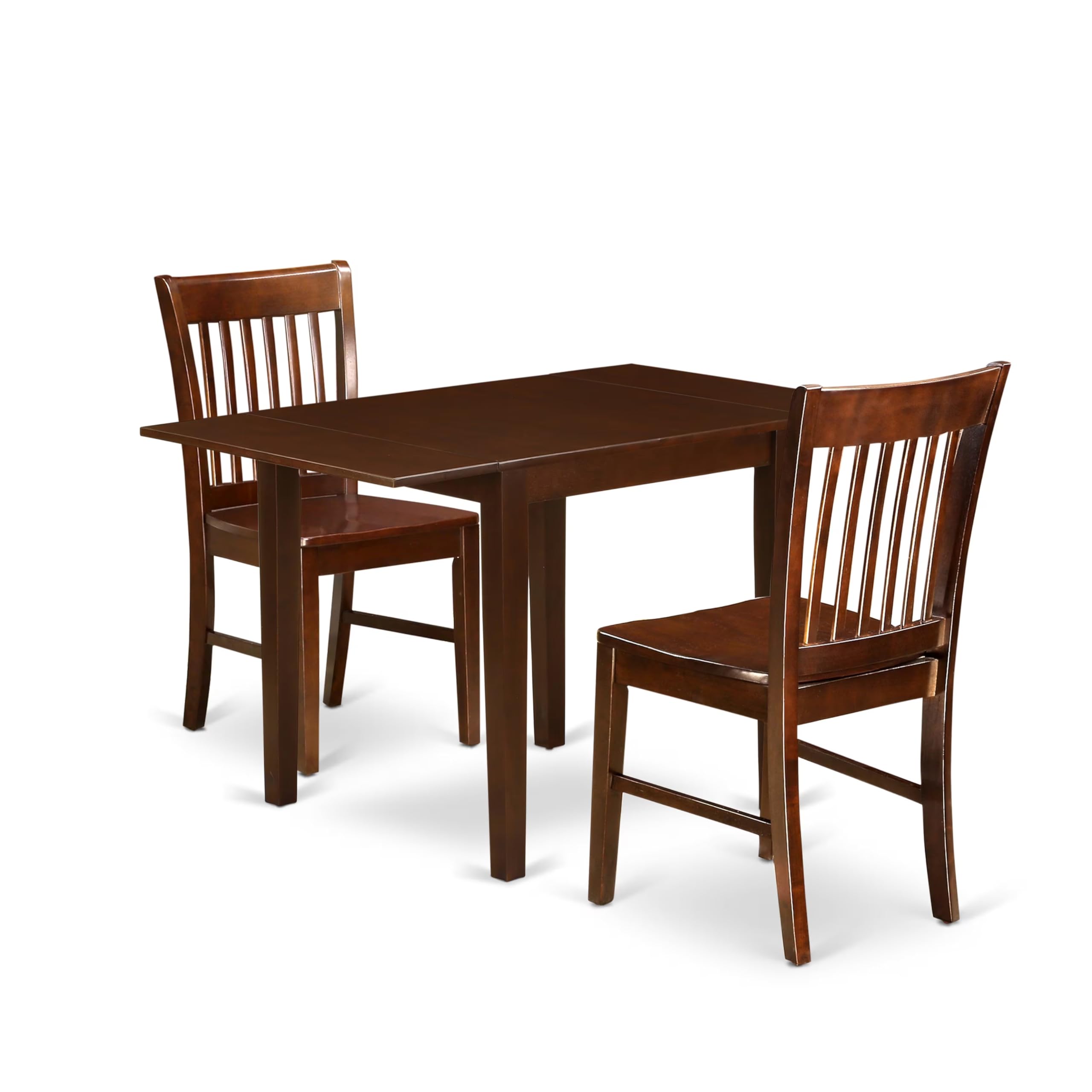 East West Furniture NDNO3-MAH-W 3-Piece Expandable Kitchen Table Set with 2 Chairs - 30x48 Inch Rectangle Drop Leaf Dining Table for Small Spaces, Mahogany Finish - Perfect for Apartments, Breakfast Nooks & Cozy Dining Areas
