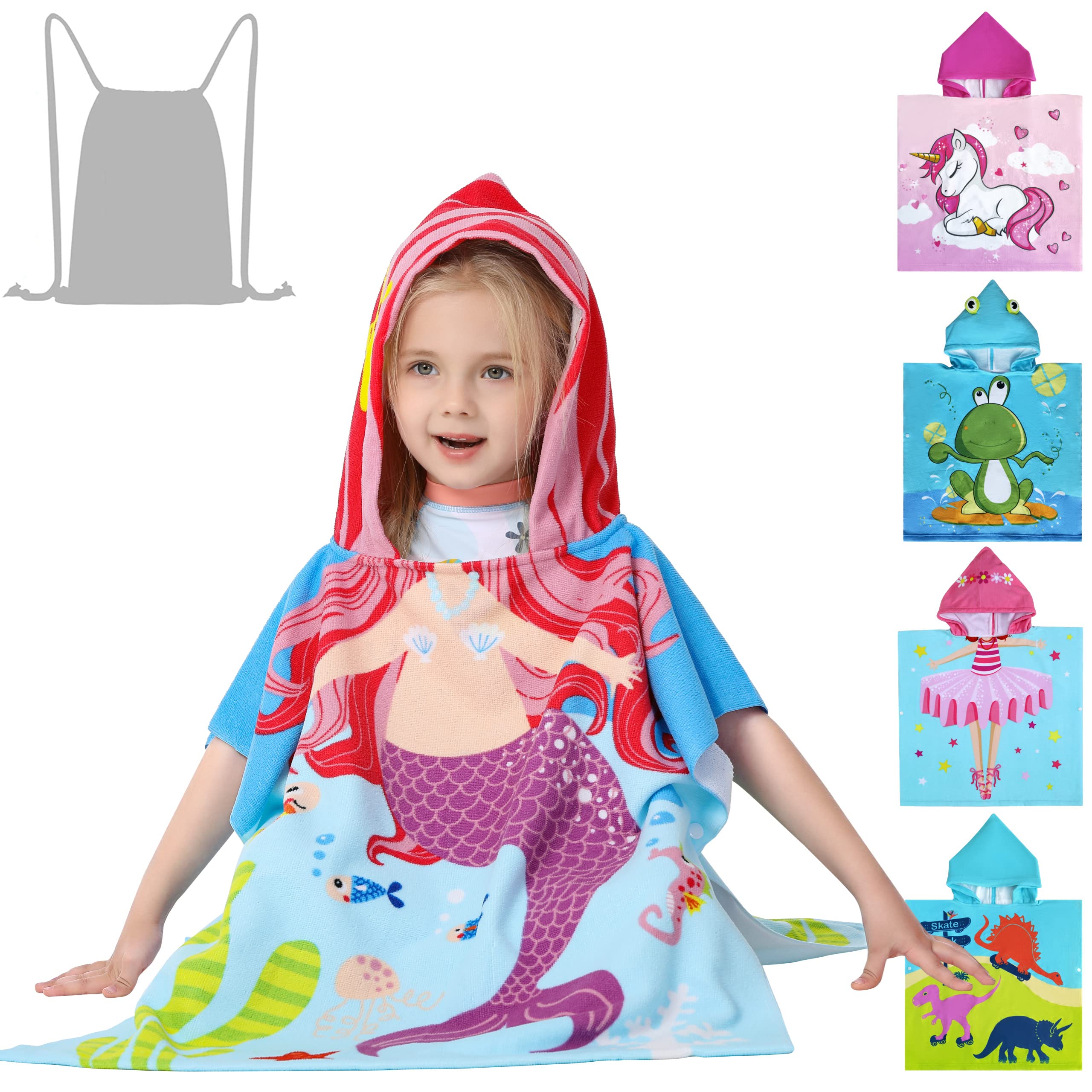 Lightweight Microfiber Hooded Beach Towel for Kids & Toddlers - Quick Dry Bath/Pool/Swim Poncho Cover Up with Carry Bag - 3D Mermaid Design - Perfect for Beach Days, Swimming Lessons & Family Vacations