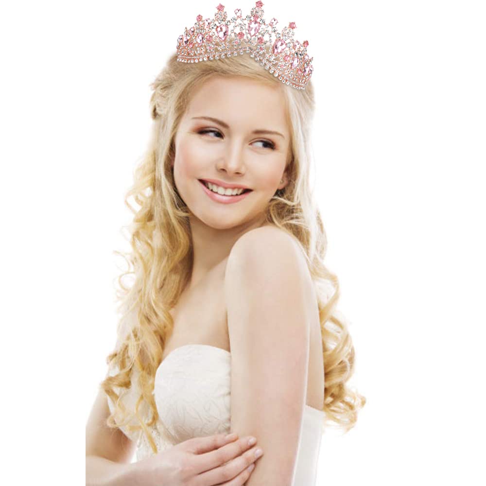 TOBATOBA Pink Crystal Wedding Tiara for Women - Elegant Princess Crown Headband, Royal Queen Metal Tiara for Quinceañera, Birthday, Prom, Halloween Costume Party | Perfect for Brides, Pageants & Special Occasions