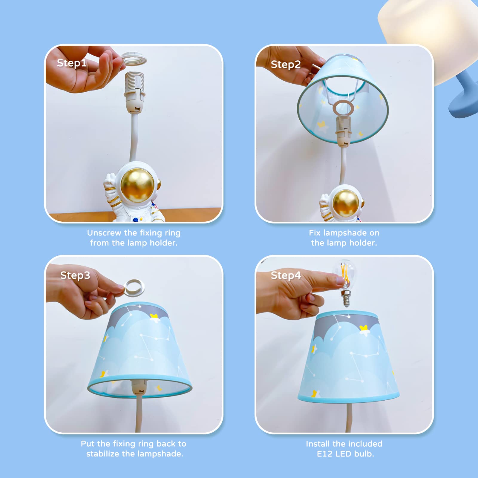 Golden Astronaut Table Lamp for Kids - 13 Inch LED Bedside Lamp with Barrel Shade, Space-Themed Night Light for Children's Bedroom Decor | Perfect for Reading, Study, and Nursery Room Ambiance