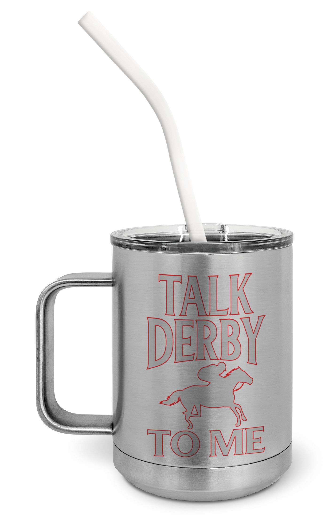 PixiDoodle Horse Racing Derby Anniversary Insulated Coffee Mug Tumbler - 15oz Stainless Steel Travel Cup with Spill-Proof Slider Lid & Silicone Straw - Perfect for Hot/Cold Beverages, Office, Commute & Outdoor Activities (Silver)