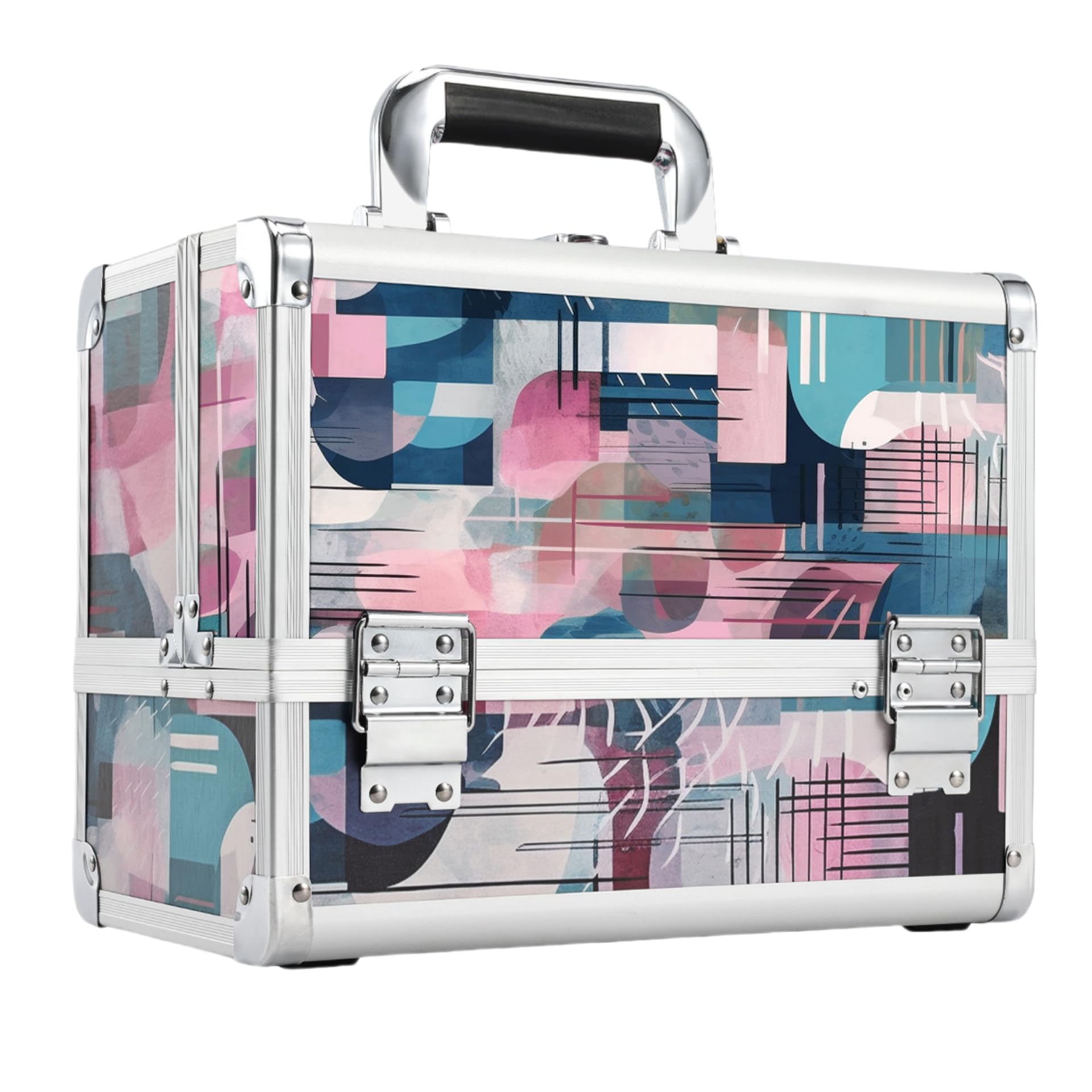 Professional 11.6 Inch Extra Large Makeup Train Case - 3-Tier Cosmetic Organizer with Mirror, Brush Holder & Lockable Keys - Modern Aquarelle Design for Travel, Salon & Professional Makeup Artists