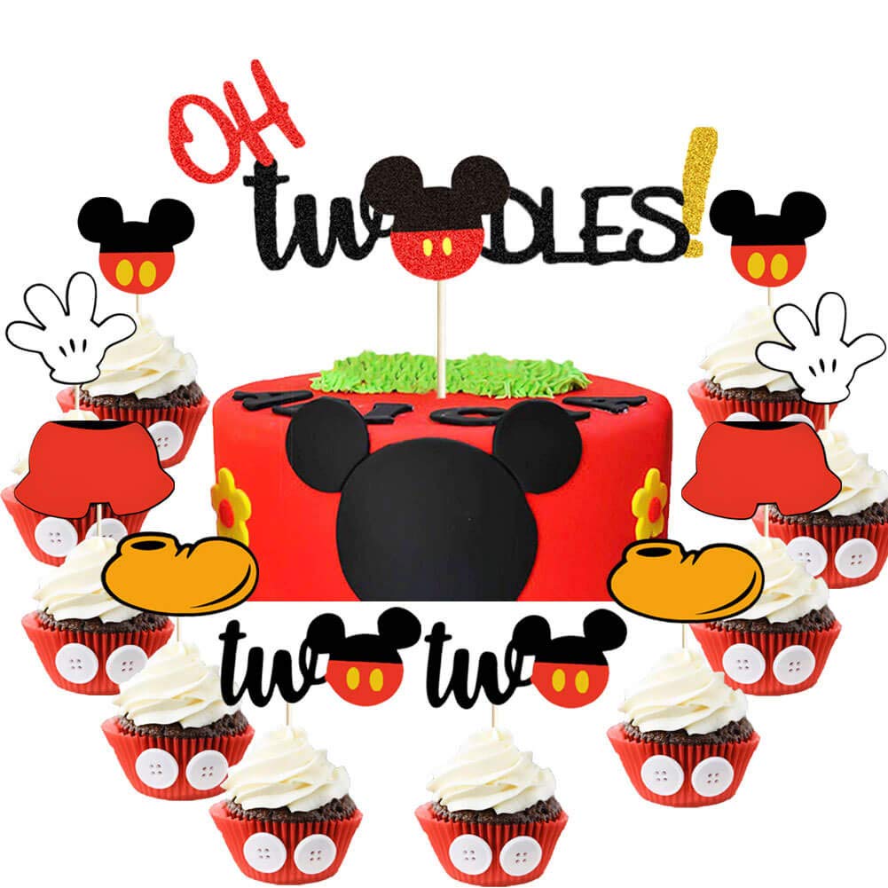 26PCS Mickey Mouse Inspired Oh Twodles Cake Toppers - 2nd Birthday Party Decorations for Baby Boys - Perfect for Cupcakes, Cakes, and Dessert Table Displays