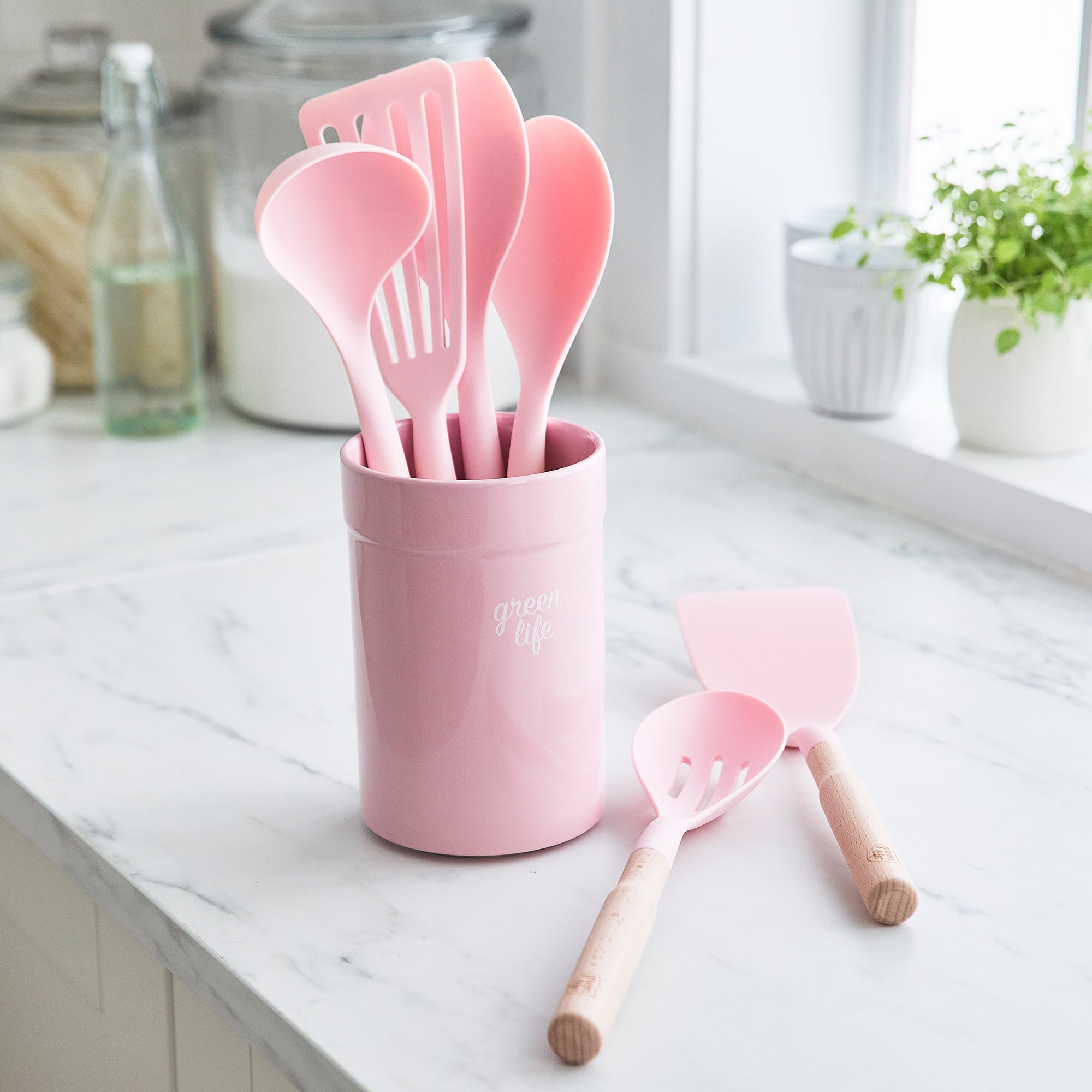 GreenLife Non-Toxic Nylon & Wooden Cooking Utensil Set with Ceramic Crock - 7 Piece Kitchen Tools (Pink) for Baking, Stirring & Serving - BPA-Free & Heat Resistant