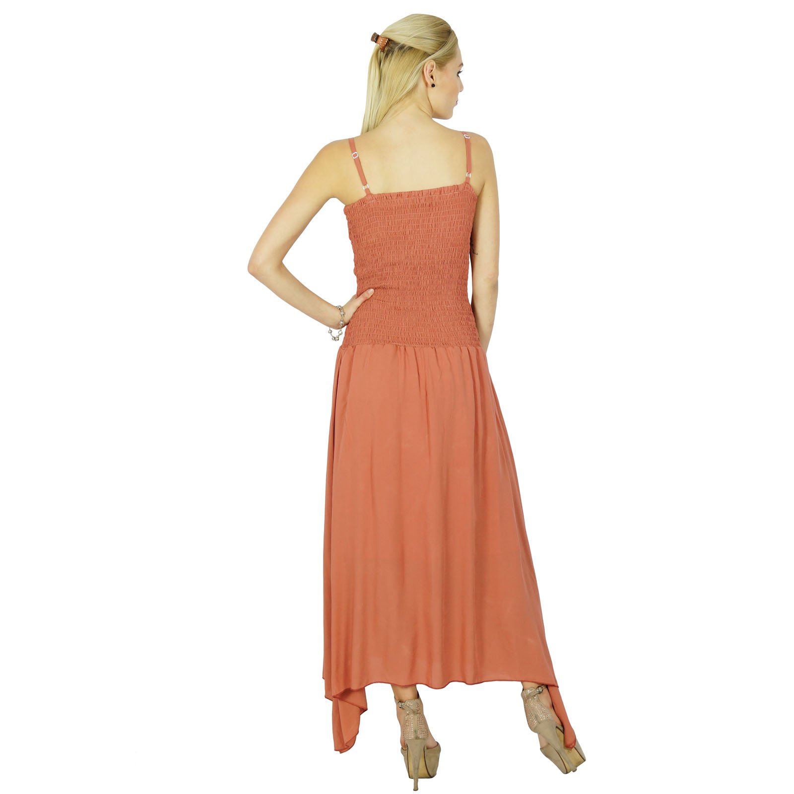 Bimba Women's Long Maxi Dress with Smocked Waist - Spaghetti Strap Casual Summer Dress in Rosy Brown | Perfect for Beach, Vacation & Outdoor Events