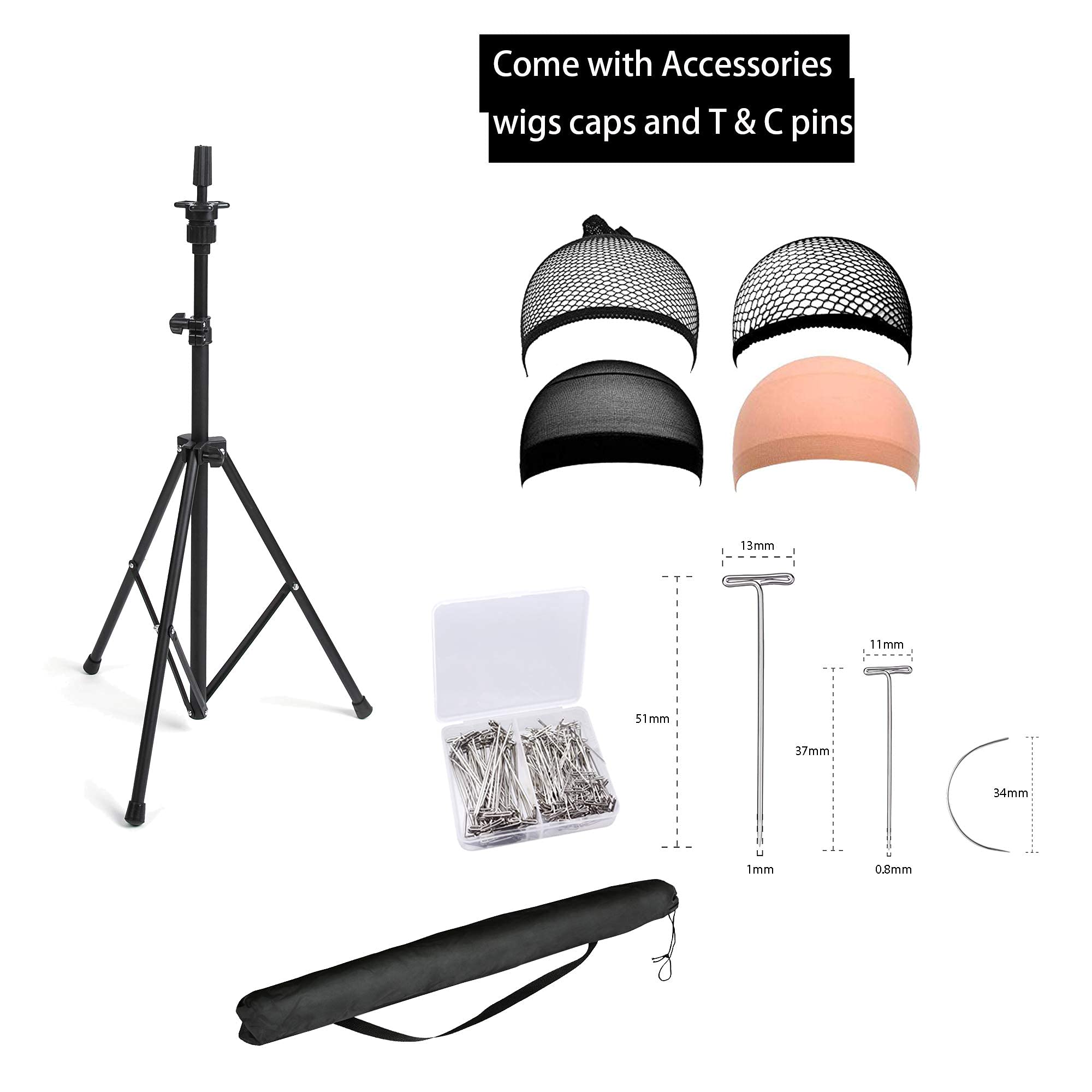 HYOUJIN Black Metal Wig Head Stand Tripod Holder - Adjustable 35.4-52.4 Inches for Mannequin Heads & Styling - Perfect for Salon, Cosplay & Hairdressing Practice