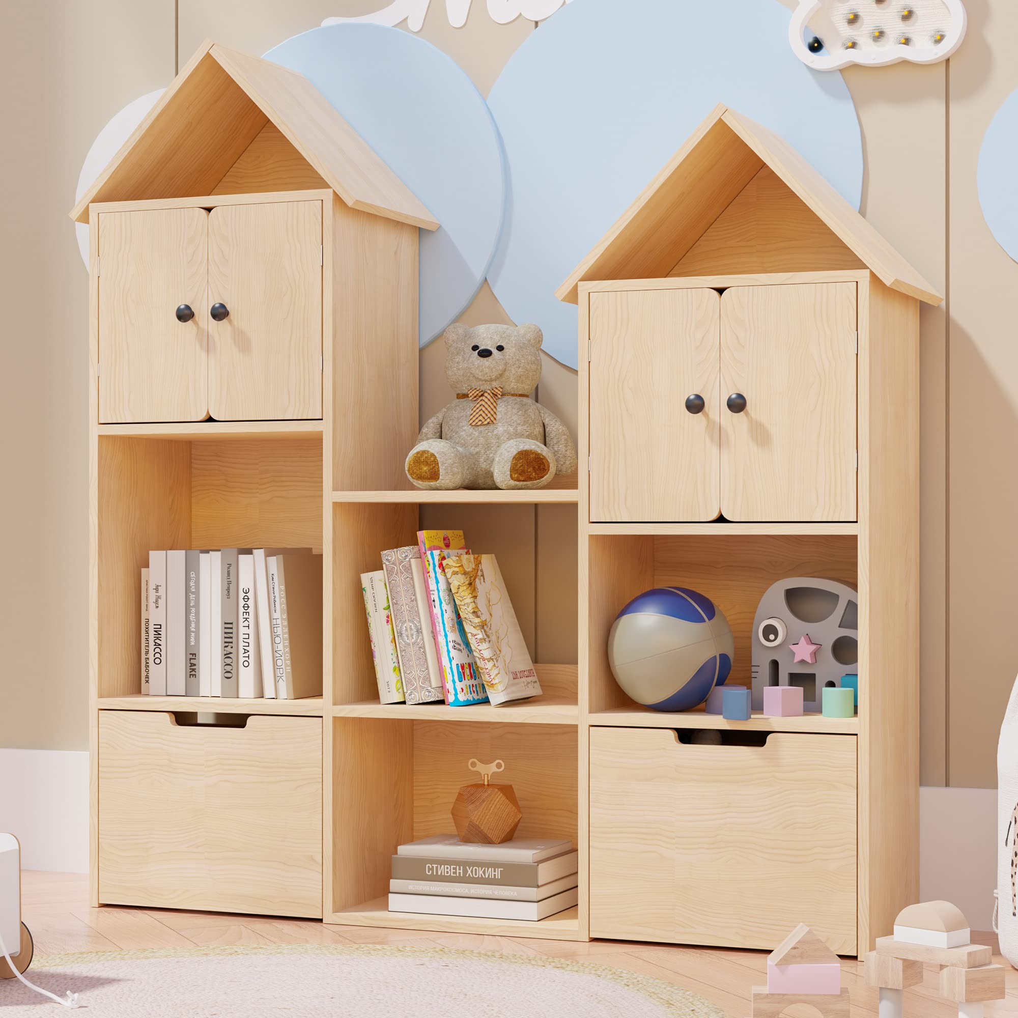 Cozy Castle Wooden Kids Bookshelf with Toy Storage Box & Wheels - Sturdy Oak Bookcase Organizer for Playroom, Bedroom, Nursery | Perfect Gift for Toddlers Ages 3+ | Great for Storytime, Toy Organization & Room Decor