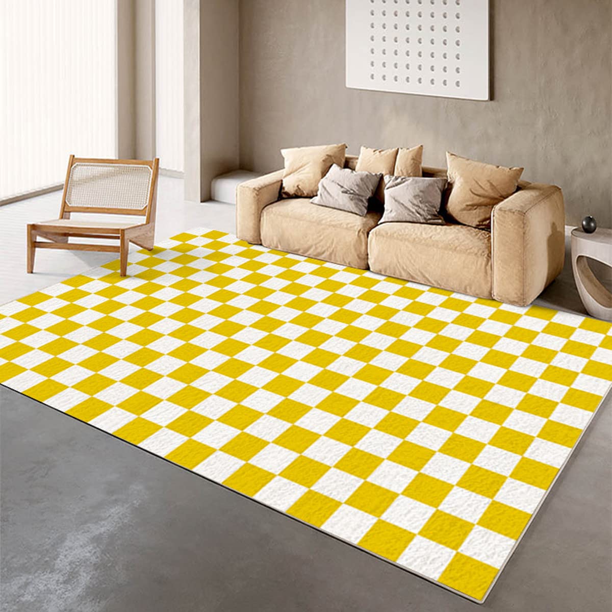 Yellow & White Checkered 3x5 Area Rug - Non-Slip Washable Fluffy Runner Rug for Living Room, Bedroom, Dining Room, Kitchen, Hallway & Home Office | Modern Contemporary Home Decor for Cozy Spaces