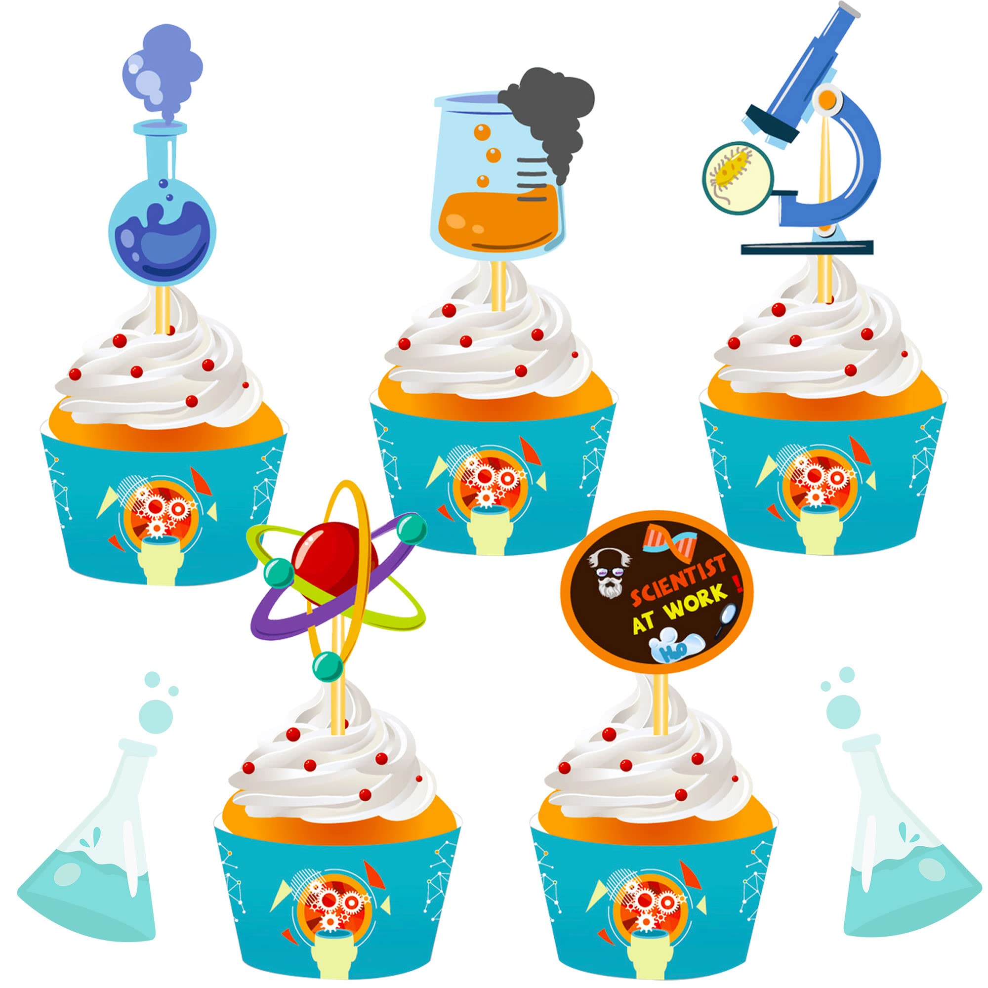 LaVenty 40 PCS Science Themed Cupcake Toppers - Science Party Decorations, Favors & Wrappers for Birthday Celebrations - Perfect for Science Classroom Parties, STEM Events & Kids Birthday Decorations