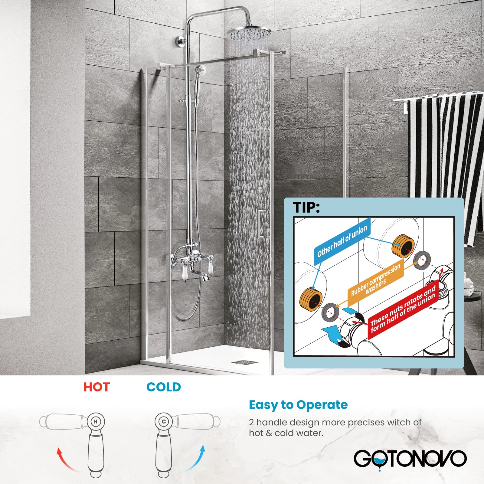 Gotonovo 8-inch Polish Chrome Shower Faucet Set with Handheld Spray - Double Lever Handle, Tub Spout & Triple Function - Wall Mount Bathroom Shower Fixture for Modern Homes & Luxury Hotels