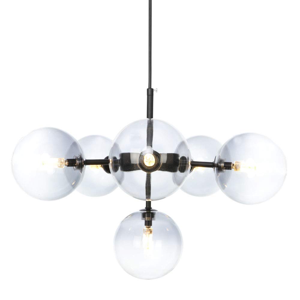 Mid Century Modern 6-Light Chandelier - Grey Gradient Glass Globe Pendant Lighting Fixture for Kitchen Island | G4 LED Bulb Compatible (Not Included) | Black Finish | Perfect for Dining Room, Breakfast Nook & Contemporary Home Decor
