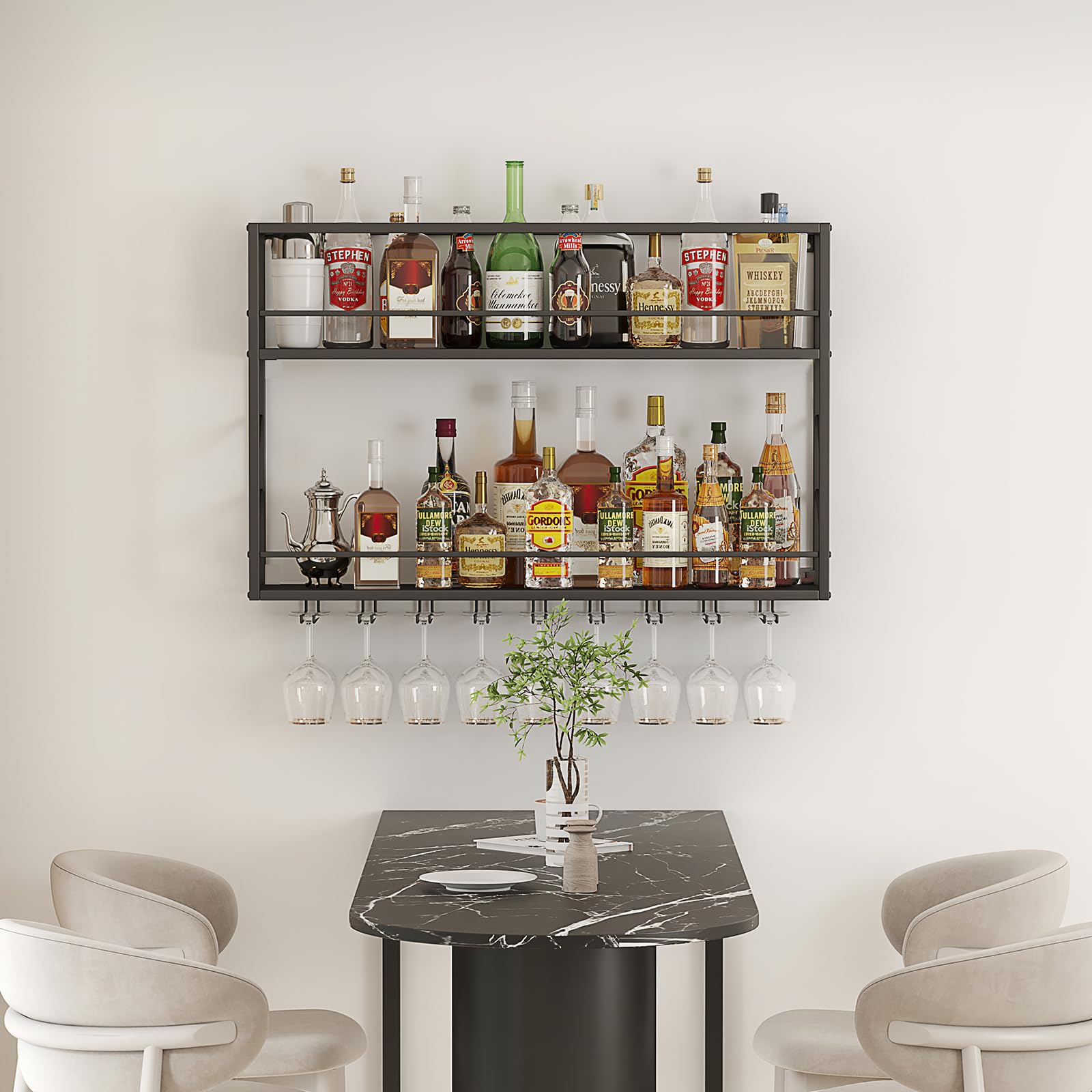Wall Mounted Wine Rack - 2-Tier Metal Wine Shelf for Liquor Bottles Storage & Display - Sturdy Bar Shelves for Home, Kitchen, Dining Room & Wine Cellar (39.3×7.8×26in) - Perfect for Wine Enthusiasts & Entertaining Guests
