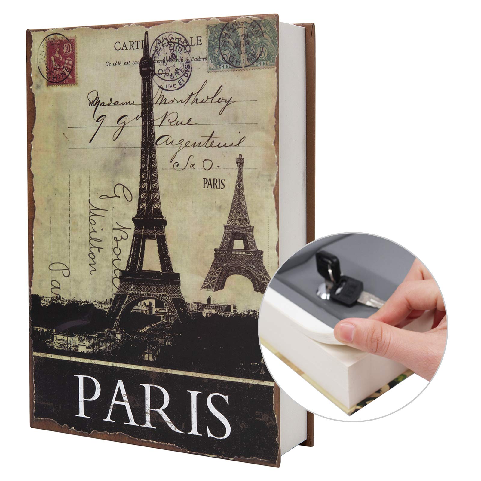 Real Paper Transfer Book Safe with Secret Hidden Compartment & Key Lock - 8.7×6×2 Inch (Paris-Key) | Discreet Home Security for Valuables, Cash & Jewelry Storage