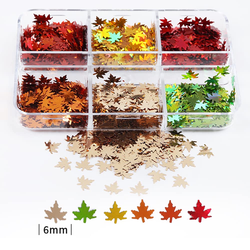 6 Grids 3D Fall Nail Art Stickers - Autumn Maple Leaf Glitter Nail Decals with Holographic Laser Sequins for Thanksgiving & Halloween Nail Designs - Perfect for Seasonal Manicures, Parties and Special Occasions