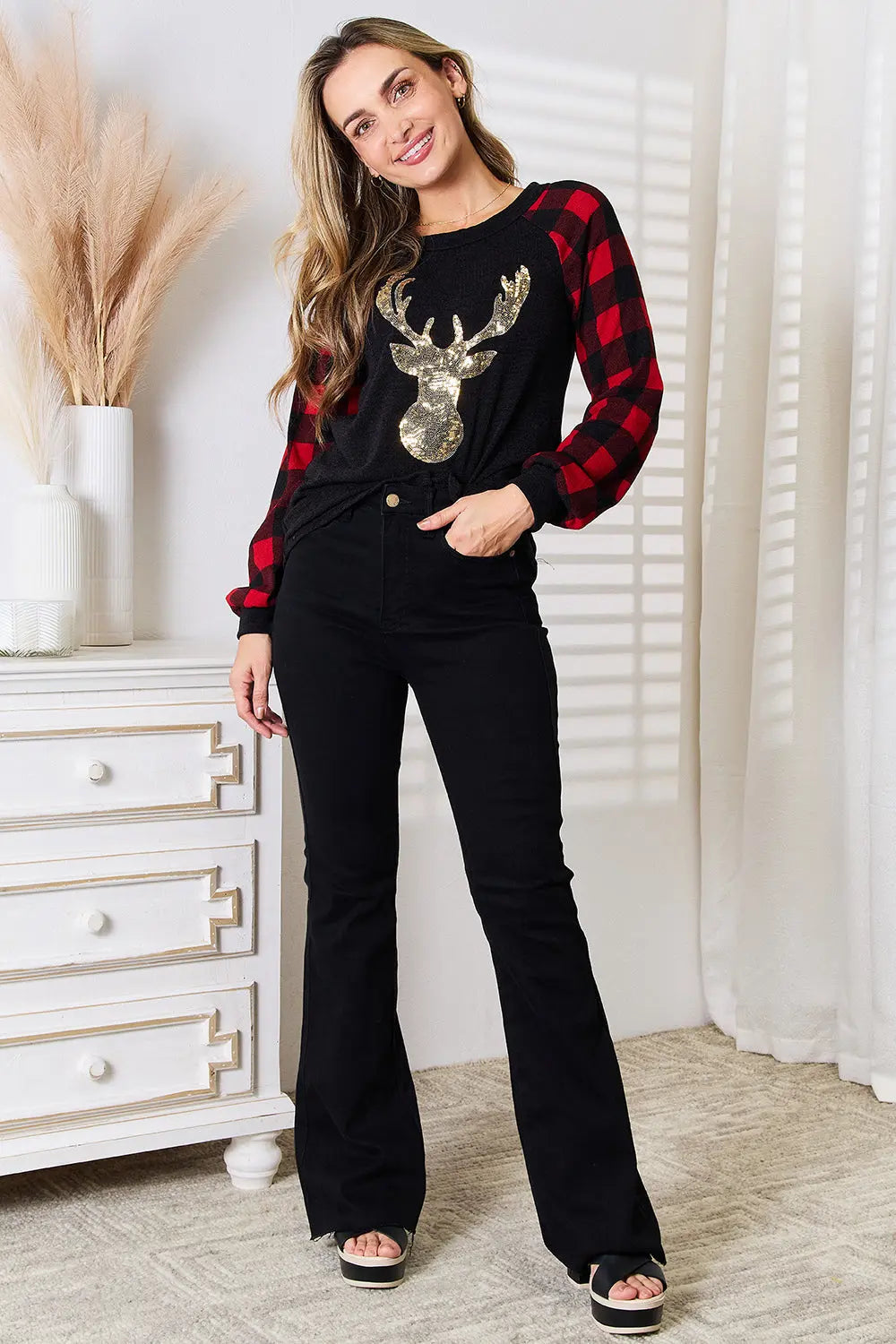Heimish Full Size Sequin Reindeer Graphic Plaid Top - Festive Holiday Party Shirt for Christmas, New Year & Winter Celebrations