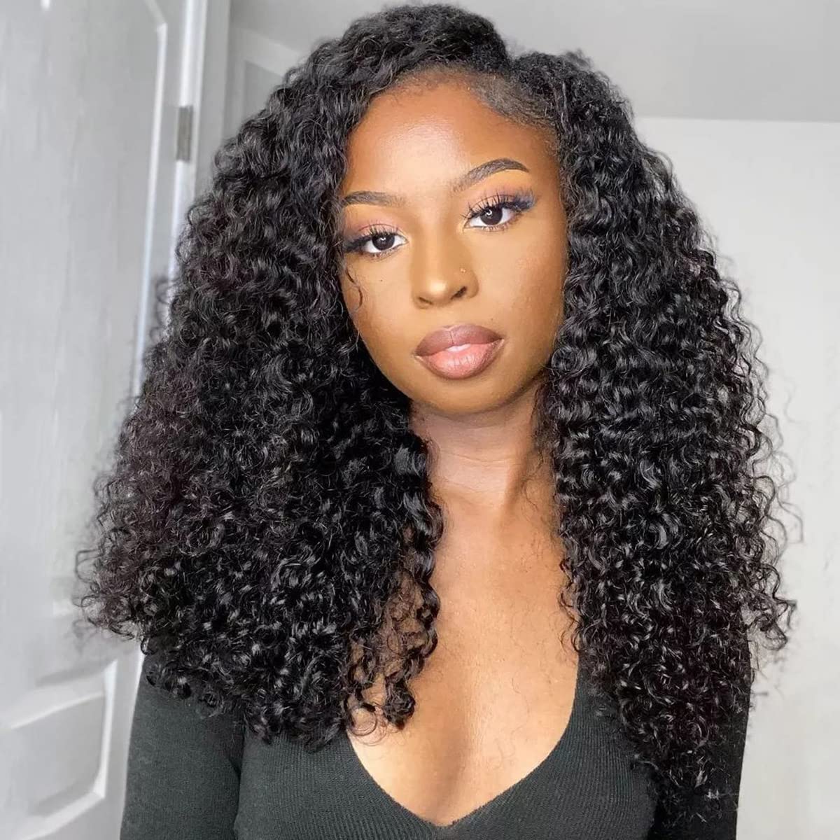 ISEE V Part Human Hair Afro Curly Glueless Clip-In Half Wig for Black Women - 180% Density Kinky Curly Thin Part U Part Wig 16 Inch Natural Color | Perfect for Daily Wear, Special Occasions & Protective Styling