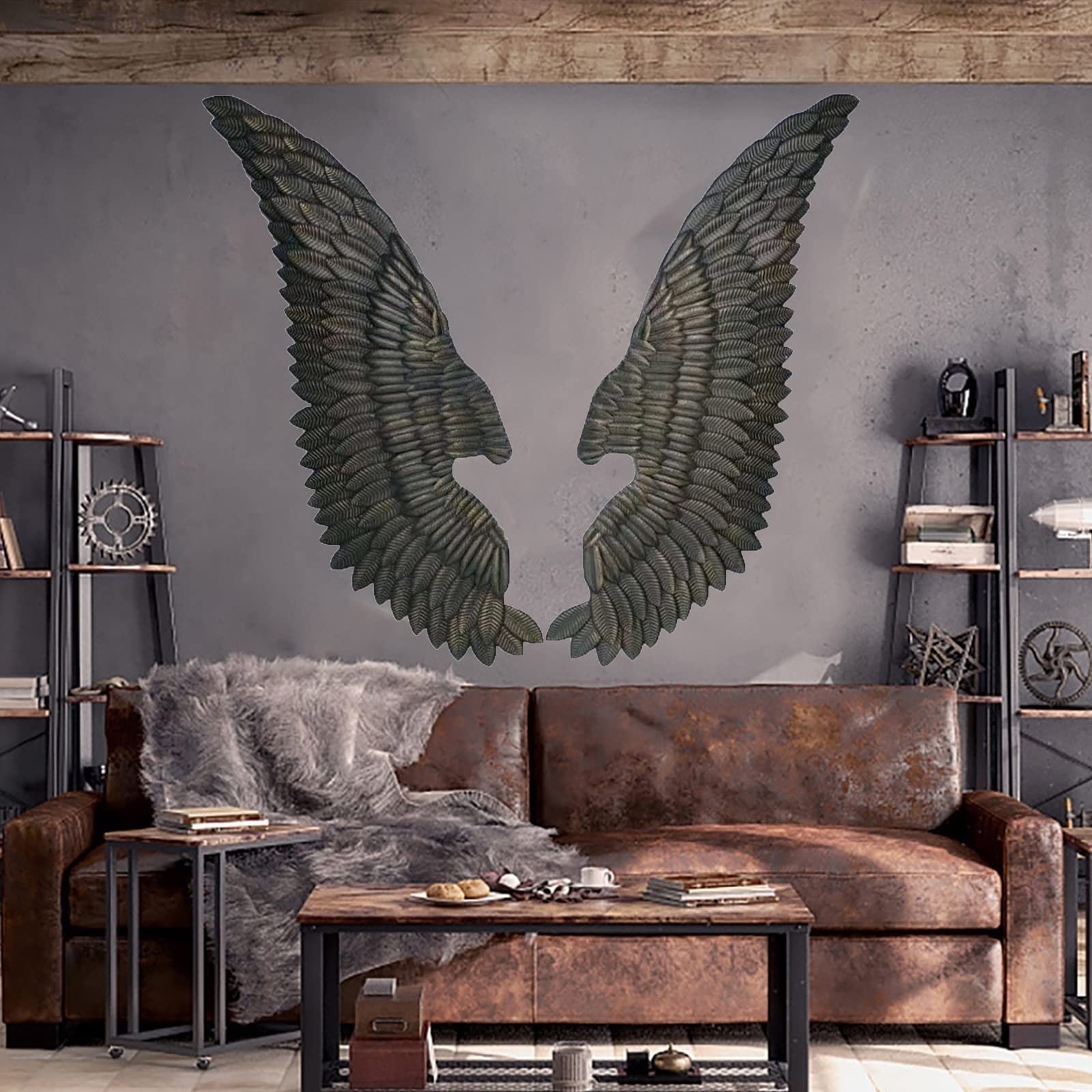 KEPMOGOH Black Metal Angel Wings Wall Decor - 3D Vintage Bas Relief Sculpture Set of 2 (40x110cm/16x43in) - Gothic Home Decor for Living Room, Bedroom & Office