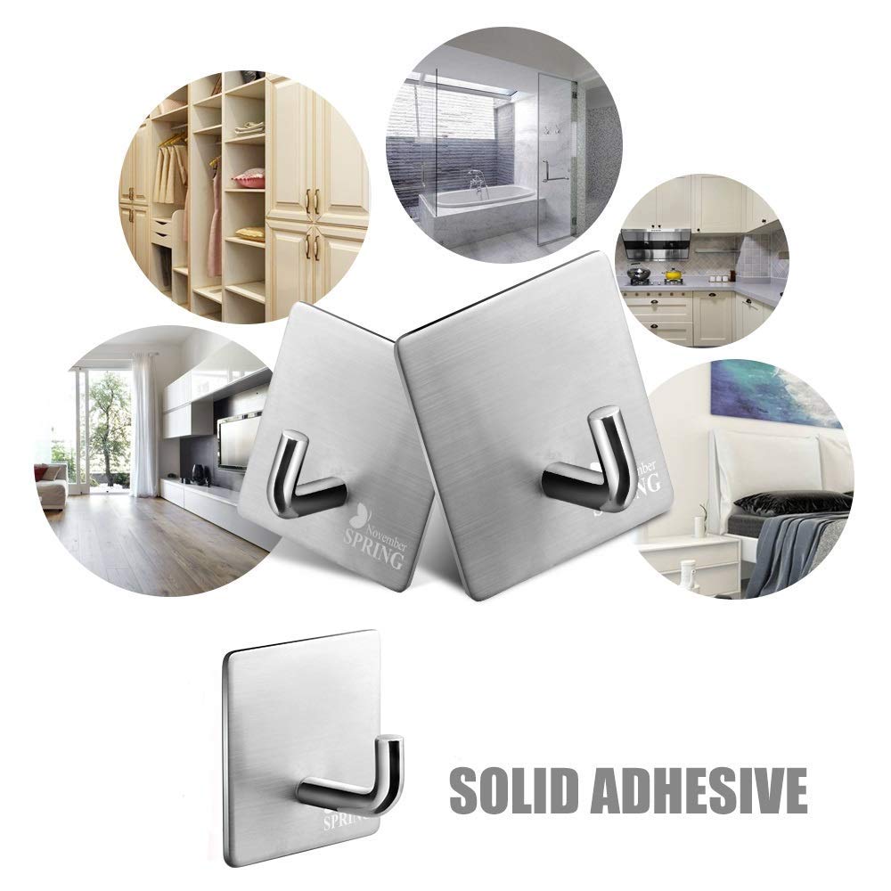 Stainless Steel Adhesive Hooks 4 Pack - Heavy Duty 11lb/5KG Wall Hooks for Kitchen, Bathroom, Pantry - Waterproof 304 Stainless Steel Hangers for Towels, Potholders, Coats & Pans - Perfect for Home Organization & Space Saving