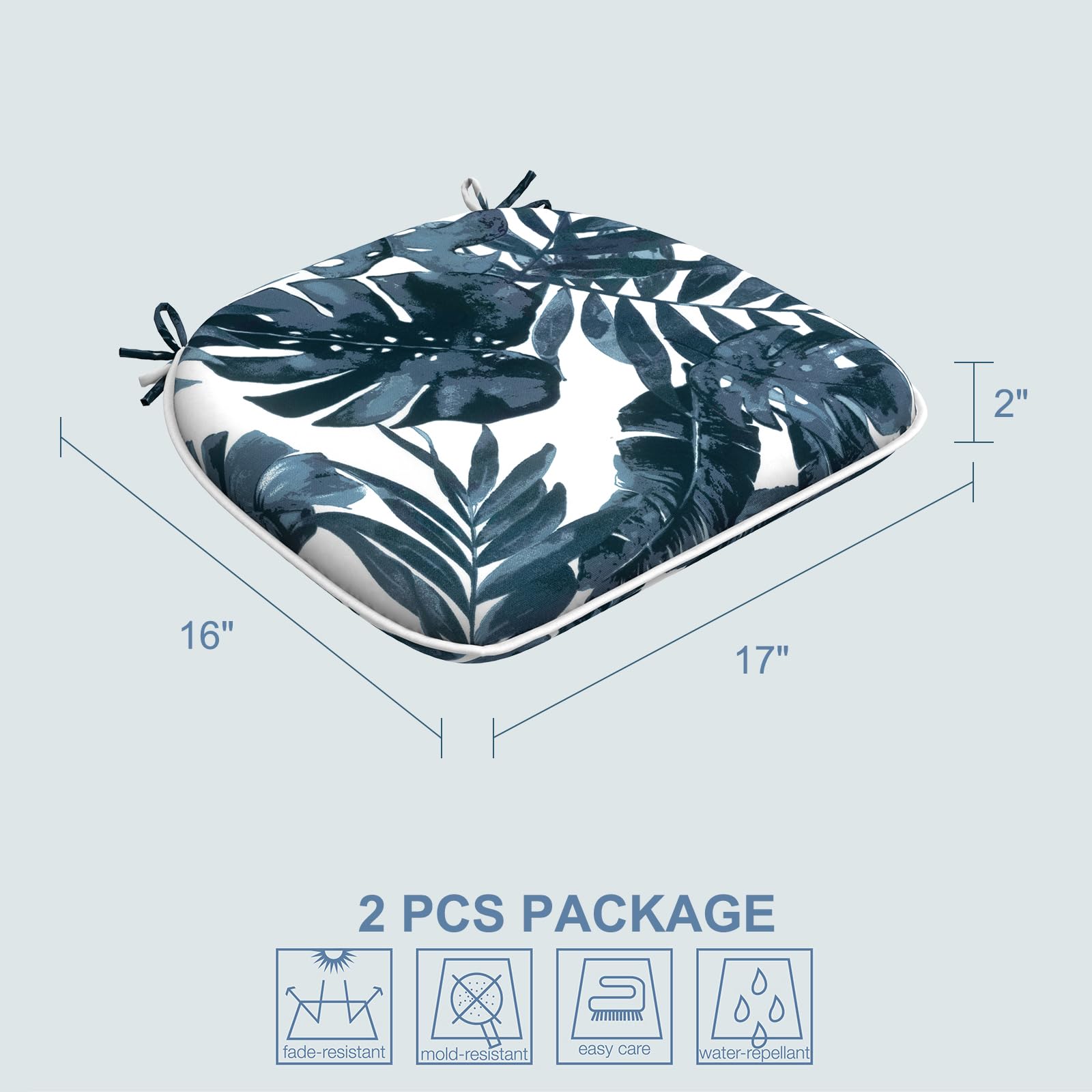 LTXIII Indoor/Outdoor Chair Cushions Set of 2 - 16x17 Inch Patio Seat Cushions with Ties - Water-Resistant Palm Blue Cushion Pads for Garden, Home & Office Furniture - Perfect for Outdoor Lounging, Dining Sets & Decorative Accents