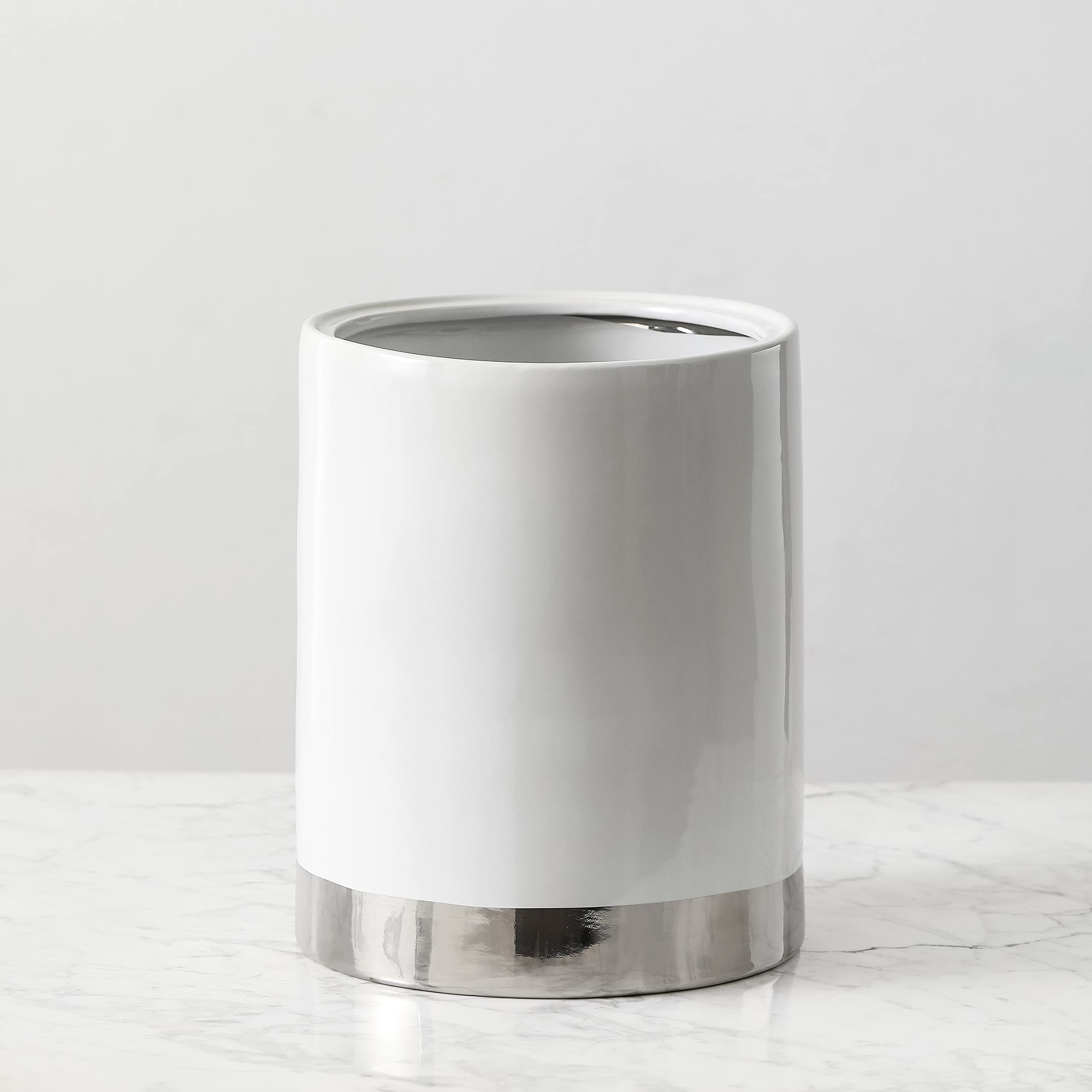 Ceramic Decorative Trash Can for Bathroom - Elegant White & Silver Waste Bin | Perfect for Powder Rooms, Guest Baths & Spa-Style Vanities