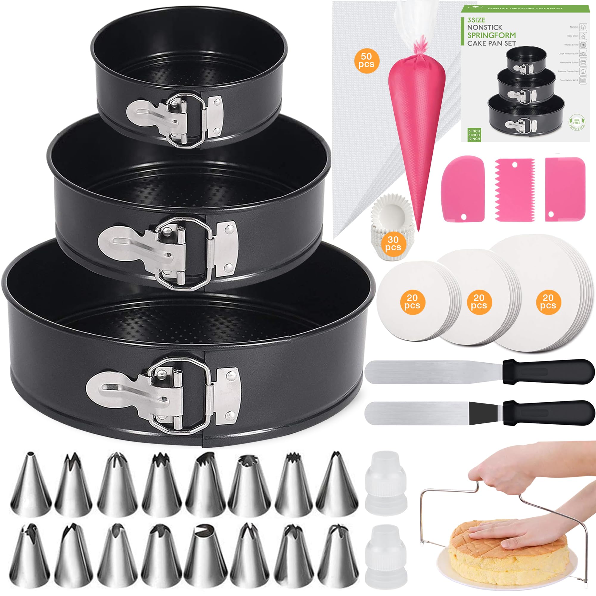 167-Piece Nonstick Springform Pan Set - 6/8/10 Inch Leakproof Round Cake Pans with Removable Bottom & Decorating Tools | Perfect for Cheesecake, Baking, and Party Dessert Preparation