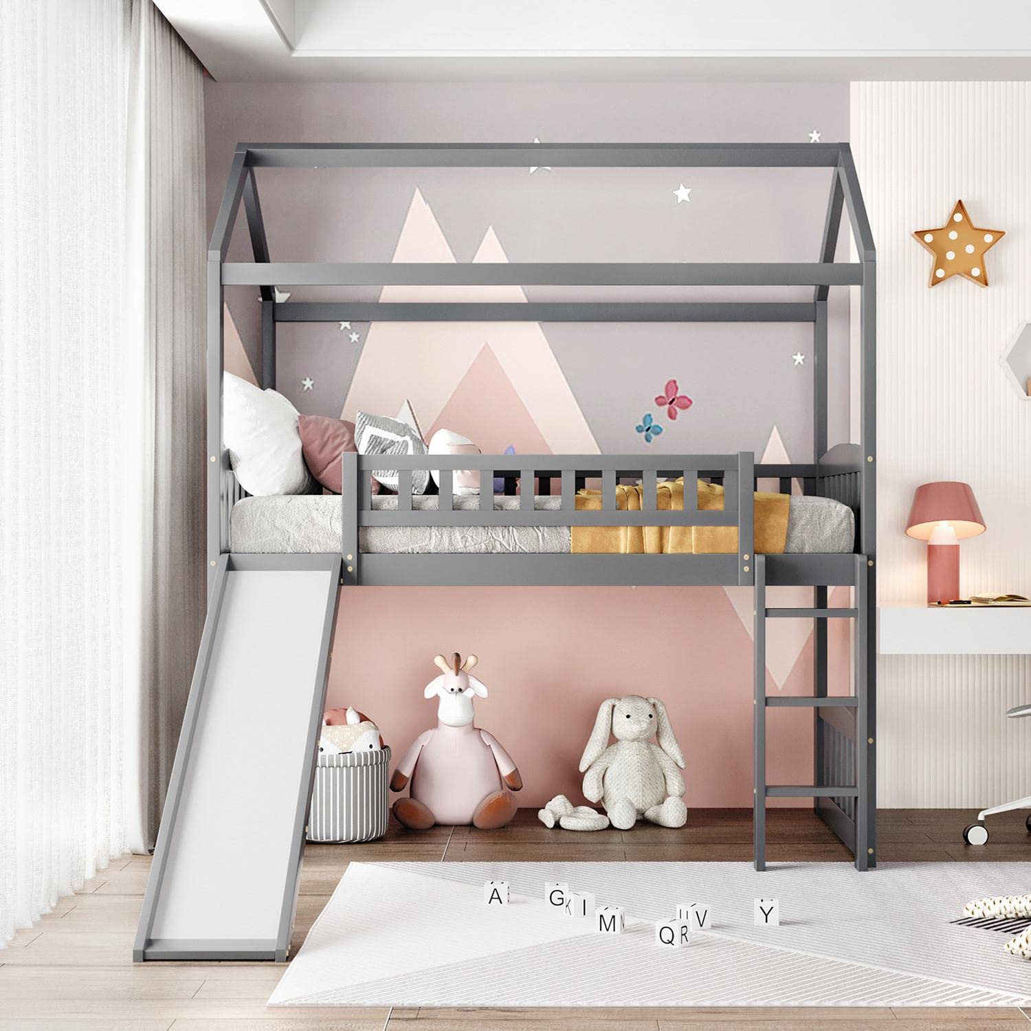 JINS&VICO Twin Loft Bed with Slide and Ladder - Wooden Playhouse Bed with Roof & Safety Guardrails for Kids - Space-Saving Bunk Bed (77.4