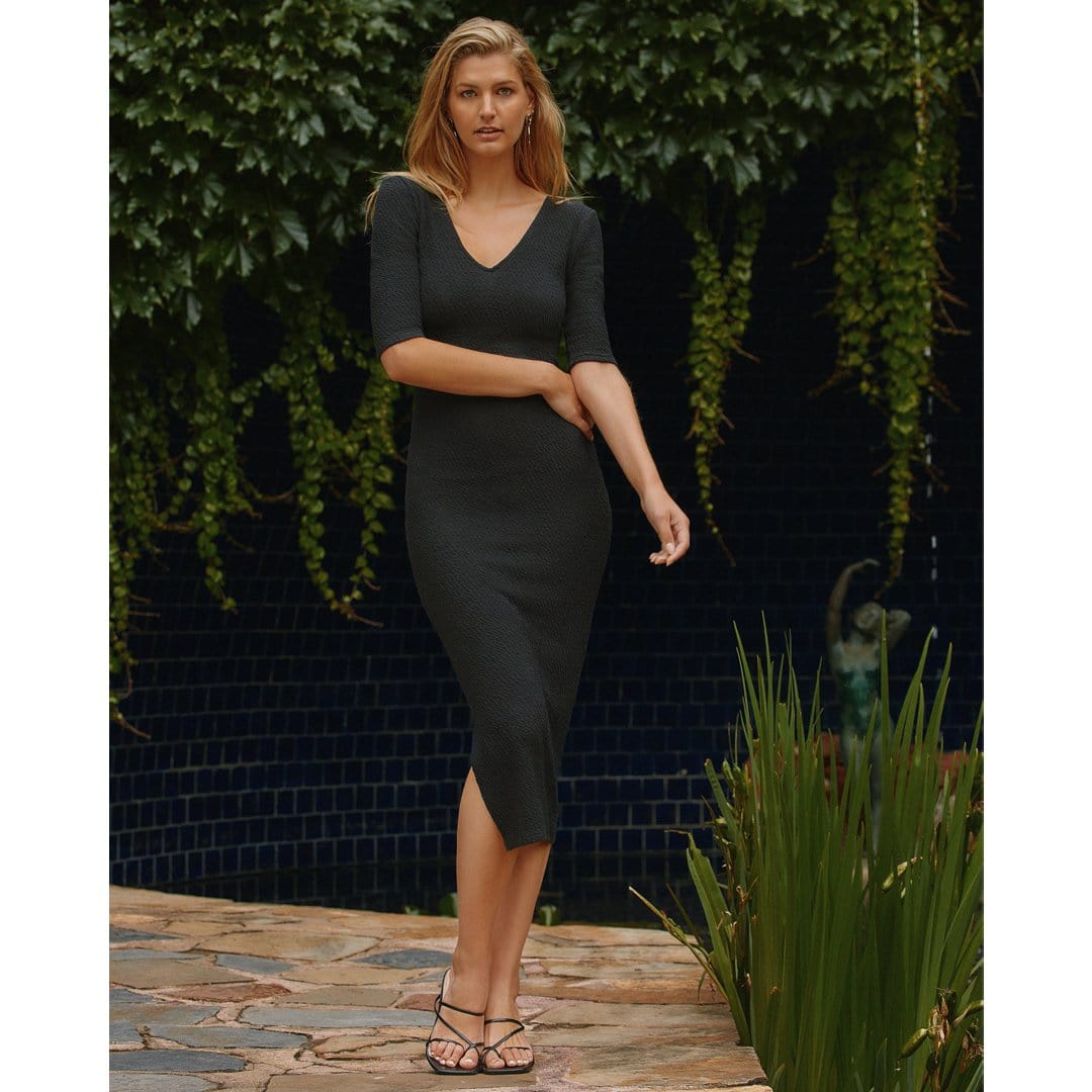 ELLA Black Bodycon V Neck Midi Dress - Slim Fit Party Cocktail Dress for Women, Perfect for Night Out, Date Night, and Special Occasions