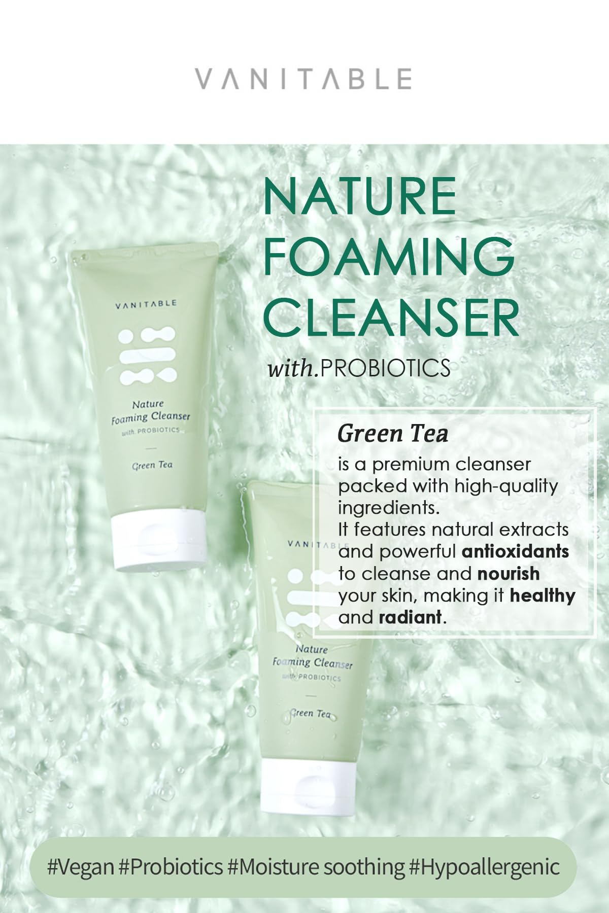 Vanitable Probiotic Foaming Facial Cleanser - Natural Green Tea, Rose & Lavender Formula for Gentle Exfoliating & Soothing Face Wash (6.09 fl oz) | Perfect for Sensitive Skin & Daily Skincare Routine