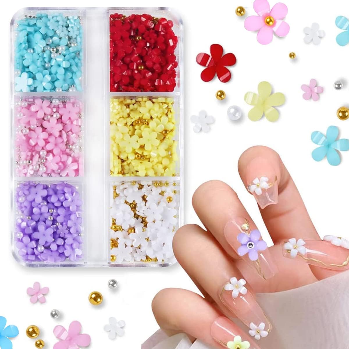 Gleevia 3D Flower Nail Charms - Acrylic & Resin Floral Nail Art Decals with Golden Beads - DIY Nail Art Accessories for Women - 6 Color Floral Nail Decorations - Perfect for Manicures, Bridal Nails, and Special Occasions