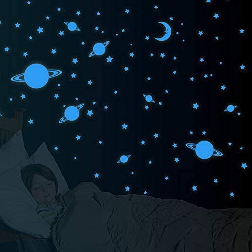 150 Blue Glow in The Dark Stars and Planets Stickers - Universe Themed Decals for Kids Room, Ceiling Decor & Night Light Effect - Perfect for Bedroom, Nursery & Space Theme Party Decorations