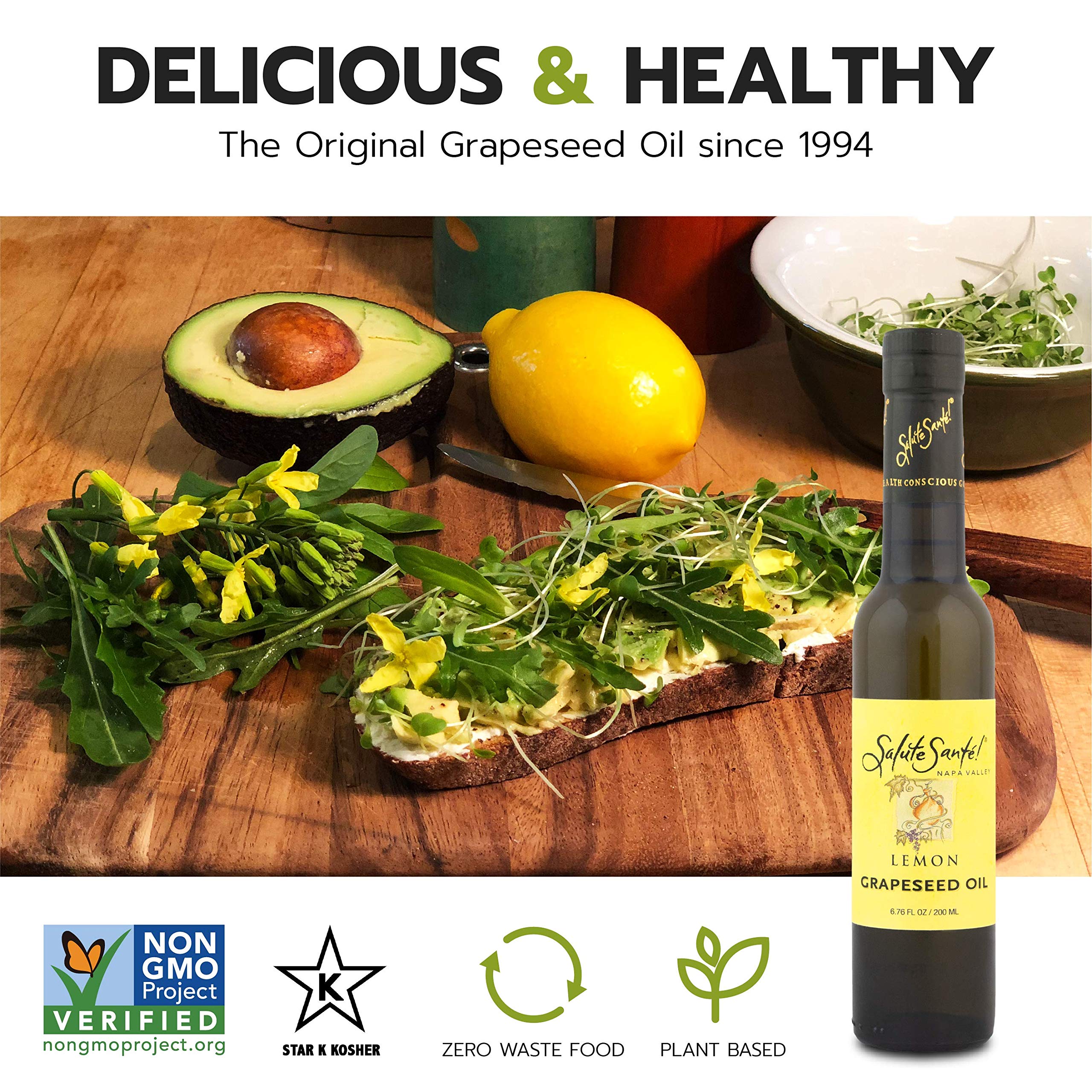 Salute Sante! Lemon Infused Grapeseed Oil - 6 Pack (200ml Each) | Cold-Pressed Cooking Oil for Healthy Dipping, Marinades, Salads & Finishing | Vegan, Gluten-Free | Perfect for Mediterranean Cuisine & Home Chefs