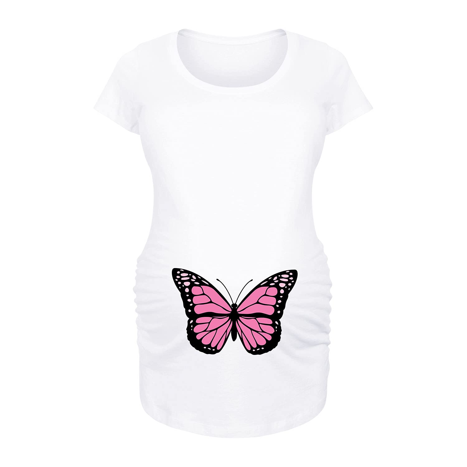 Bloom Maternity - Pink Butterfly Print Maternity Scoop Neck T-Shirt for Pregnancy - Soft Cotton Comfort Top for Expecting Moms - Perfect for Casual Wear, Baby Showers & Maternity Photos