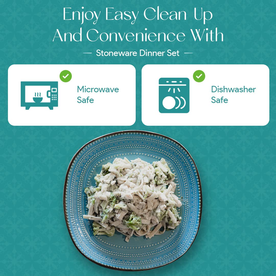 American Atelier 16-Piece Teal Stoneware Dinnerware Set - Includes Dinner Plates, Salad Plates, Bowls & Mugs - Durable Ceramic Tableware for Everyday Dining, Dinner Parties & Restaurant Use