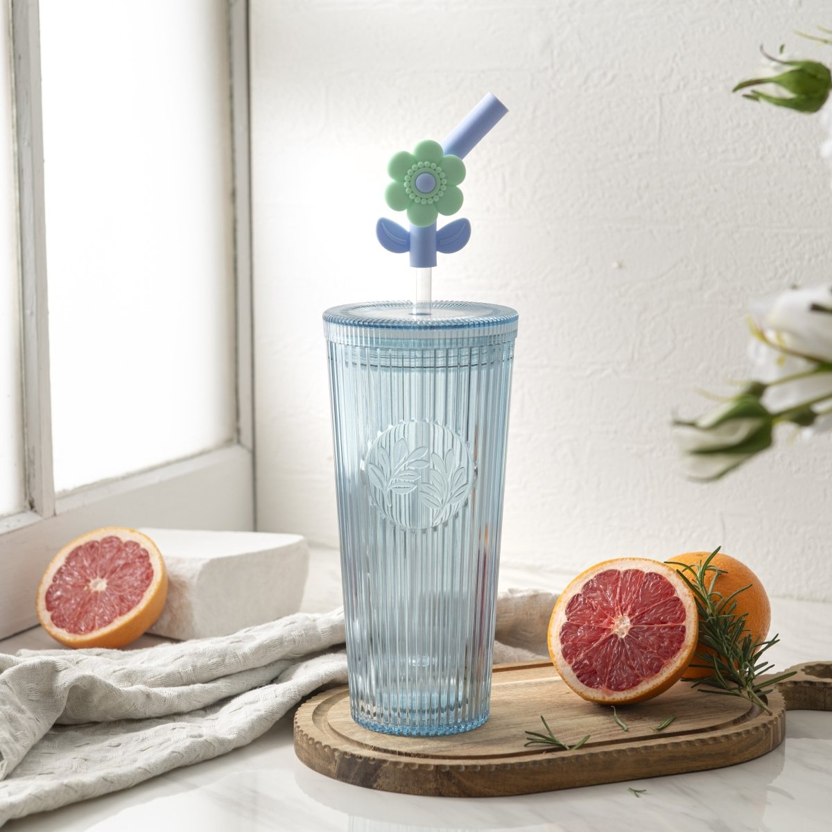 26oz Insulated Tumbler with Straw & Leak-Proof Lid - Cute Flower Silicone Straw Tips in Botanica Blue - Perfect for Iced Coffee, Smoothies & Outdoor Activities