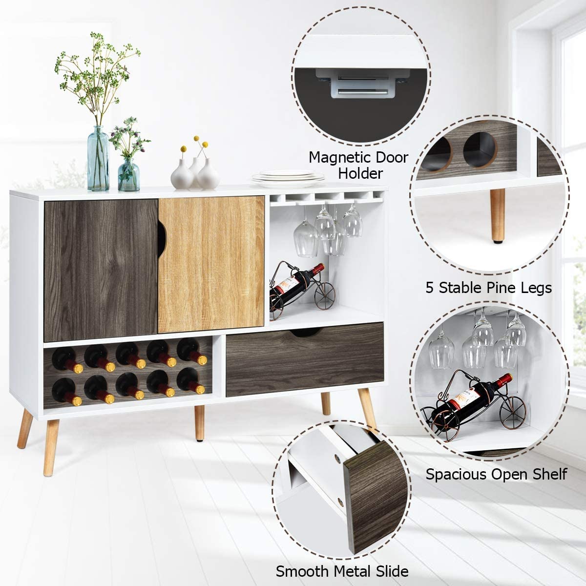 Buffet Sideboard with 10-Bottle Wine Rack & Glass Shelves - Kitchen Storage Cabinet with Drawer & Door Shelf - Perfect for Dining Room, Living Room & Kitchen Organization